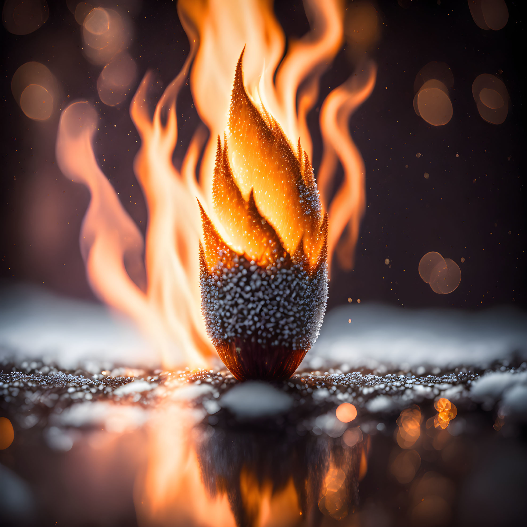 Flaming seed-like object on reflective surface with glitters in dark background