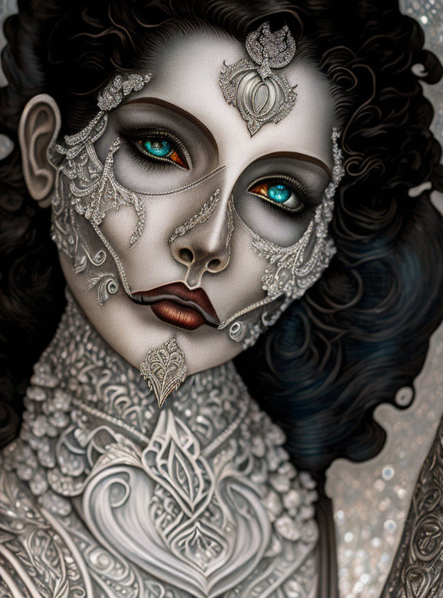 Detailed portrait of woman with silver face filigree, heterochromia, and curly hair