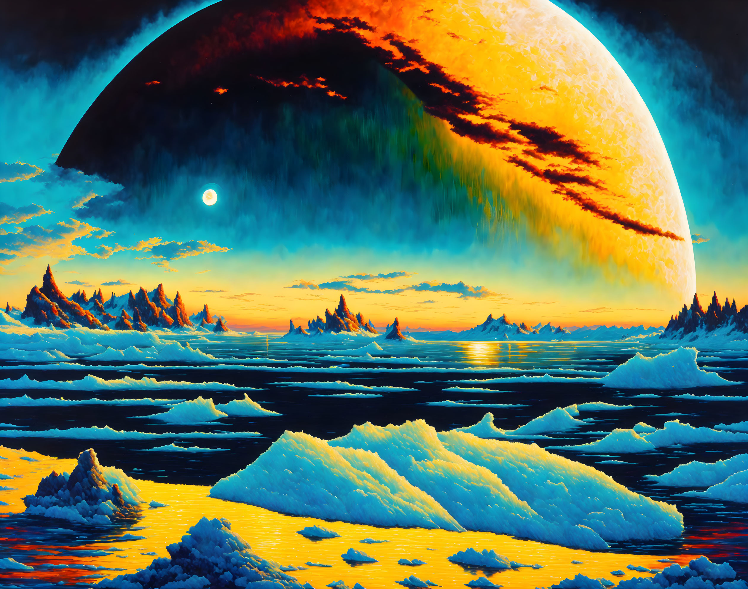 Sci-Fi Landscape with Icy Terrain, Ocean Waters, and Massive Planet