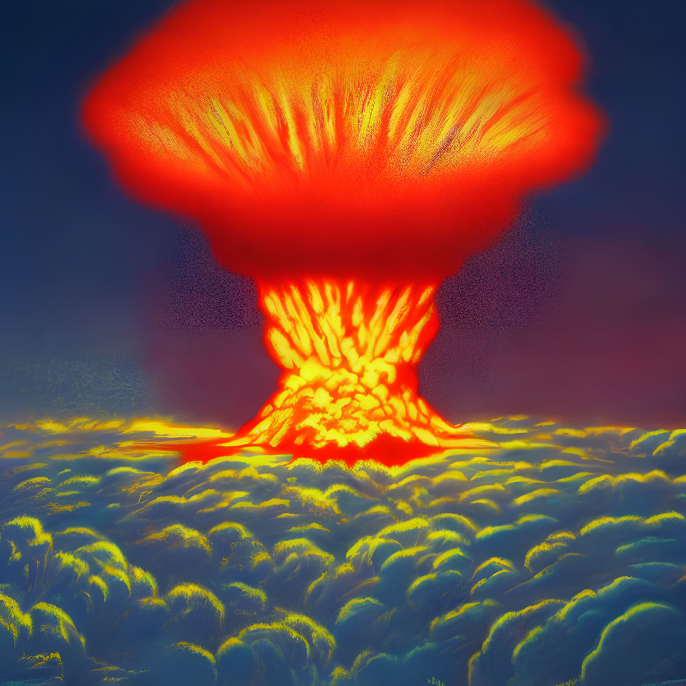 Illustration of nuclear explosion with massive mushroom cloud in red-tinted sky