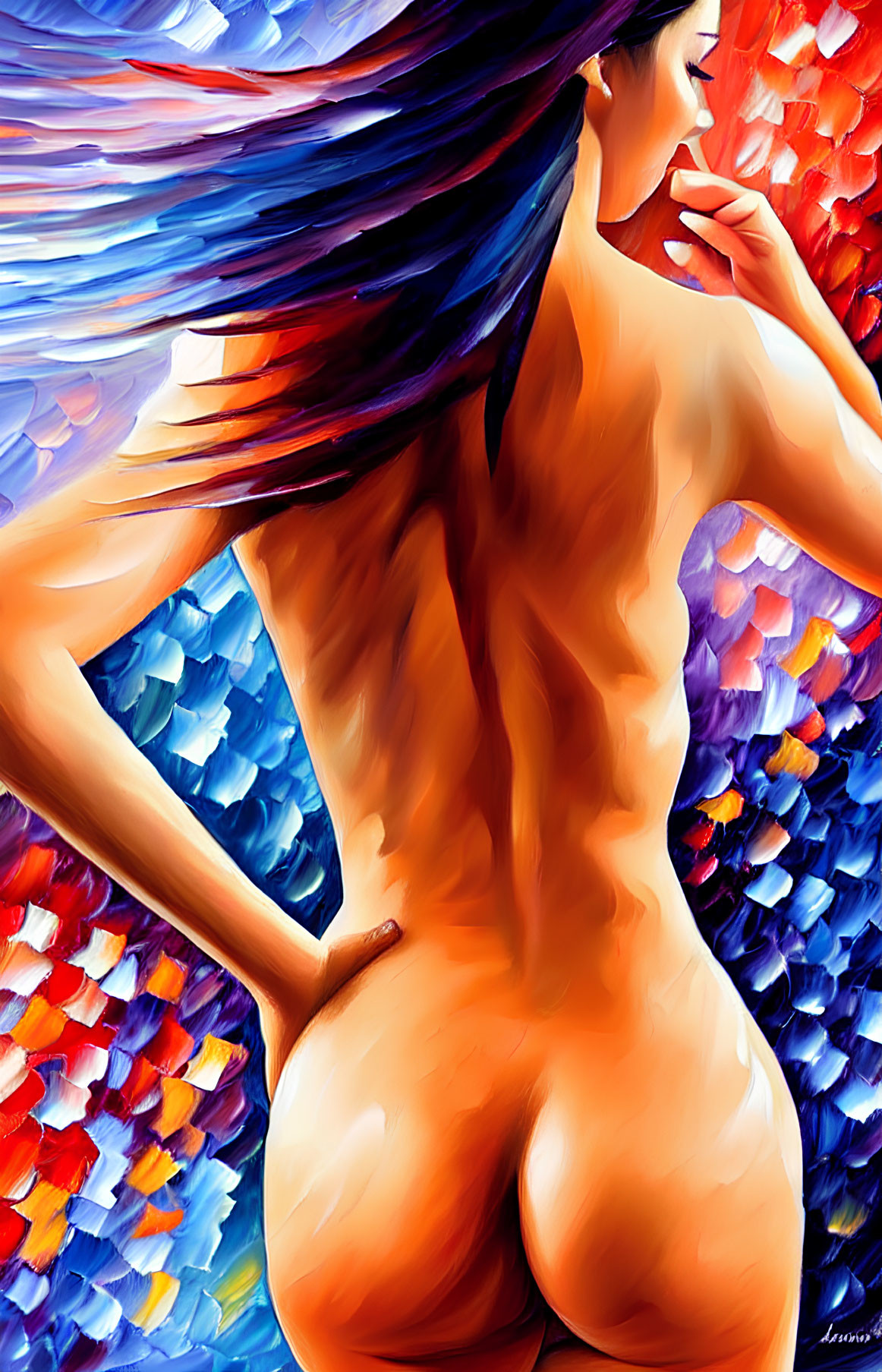 Colorful Abstract Painting of Nude Woman with Flowing Hair