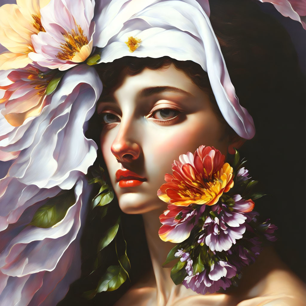 Woman with flowers in hair and white headscarf, serene expression under soft light