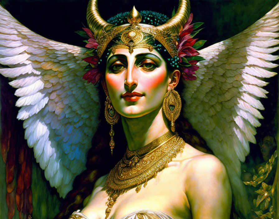 Mythological winged figure with golden jewelry and feathered headdress