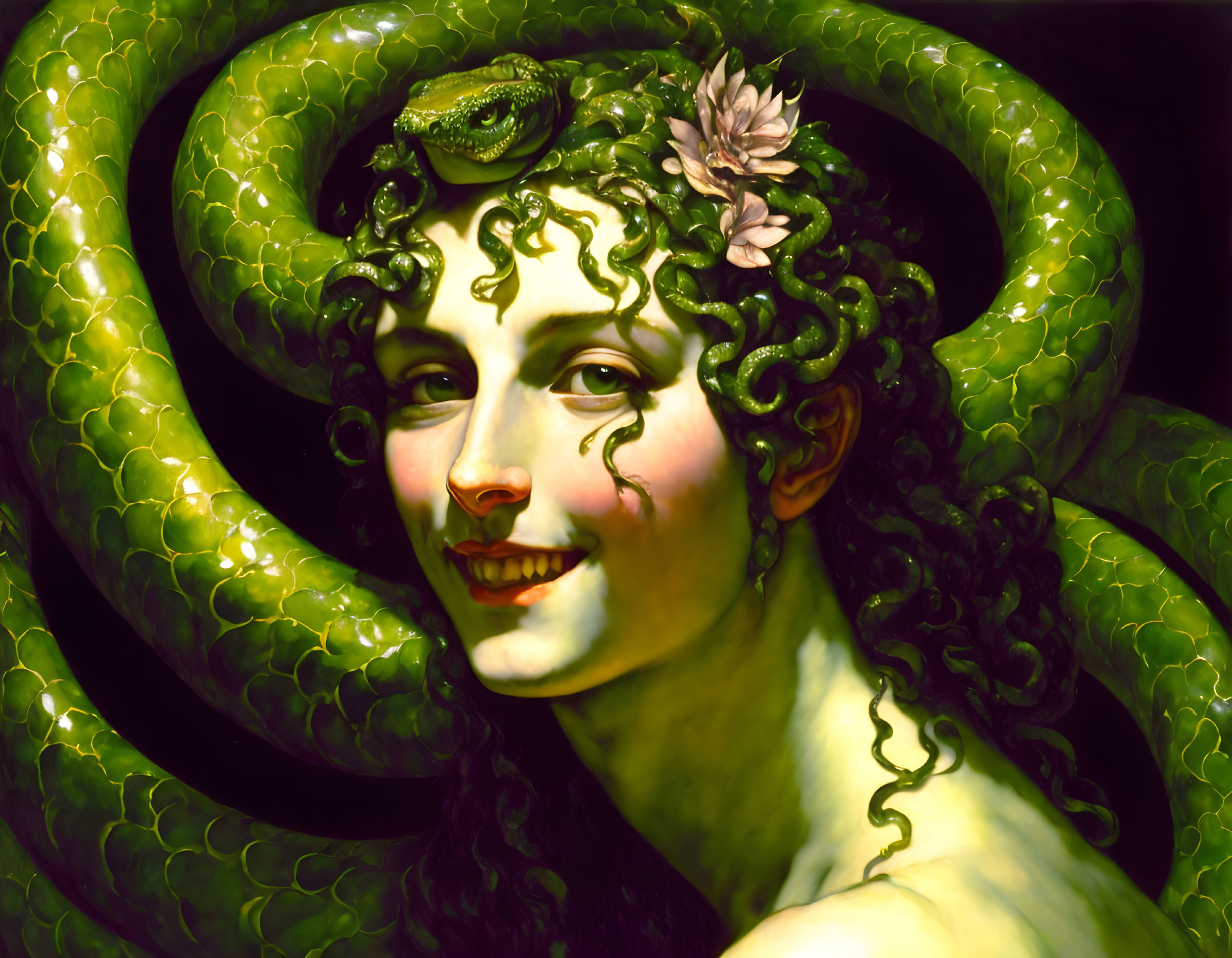 Smiling individual with green serpentine hair and snake wearing a pink flower