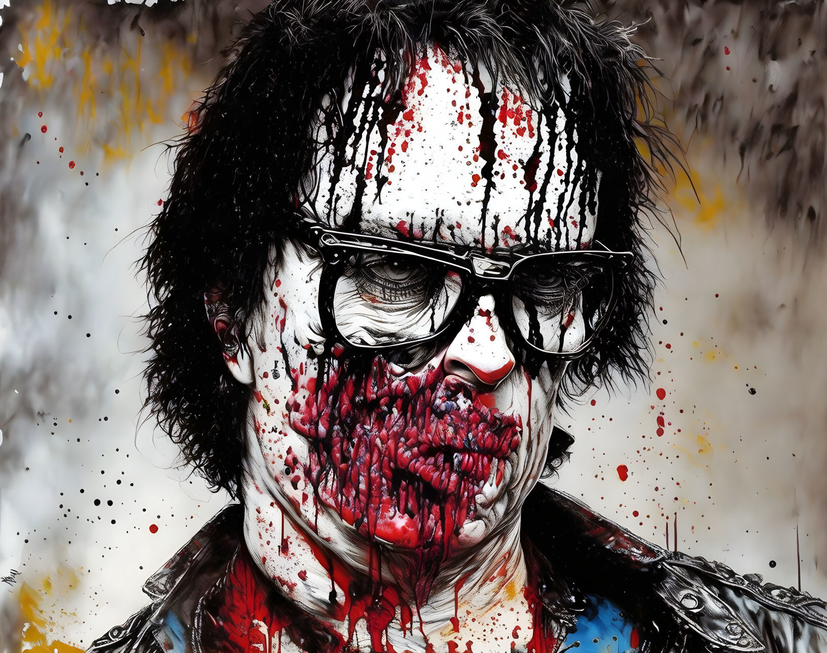 Illustration of a zombie-like figure with blood splatters and dark sunglasses