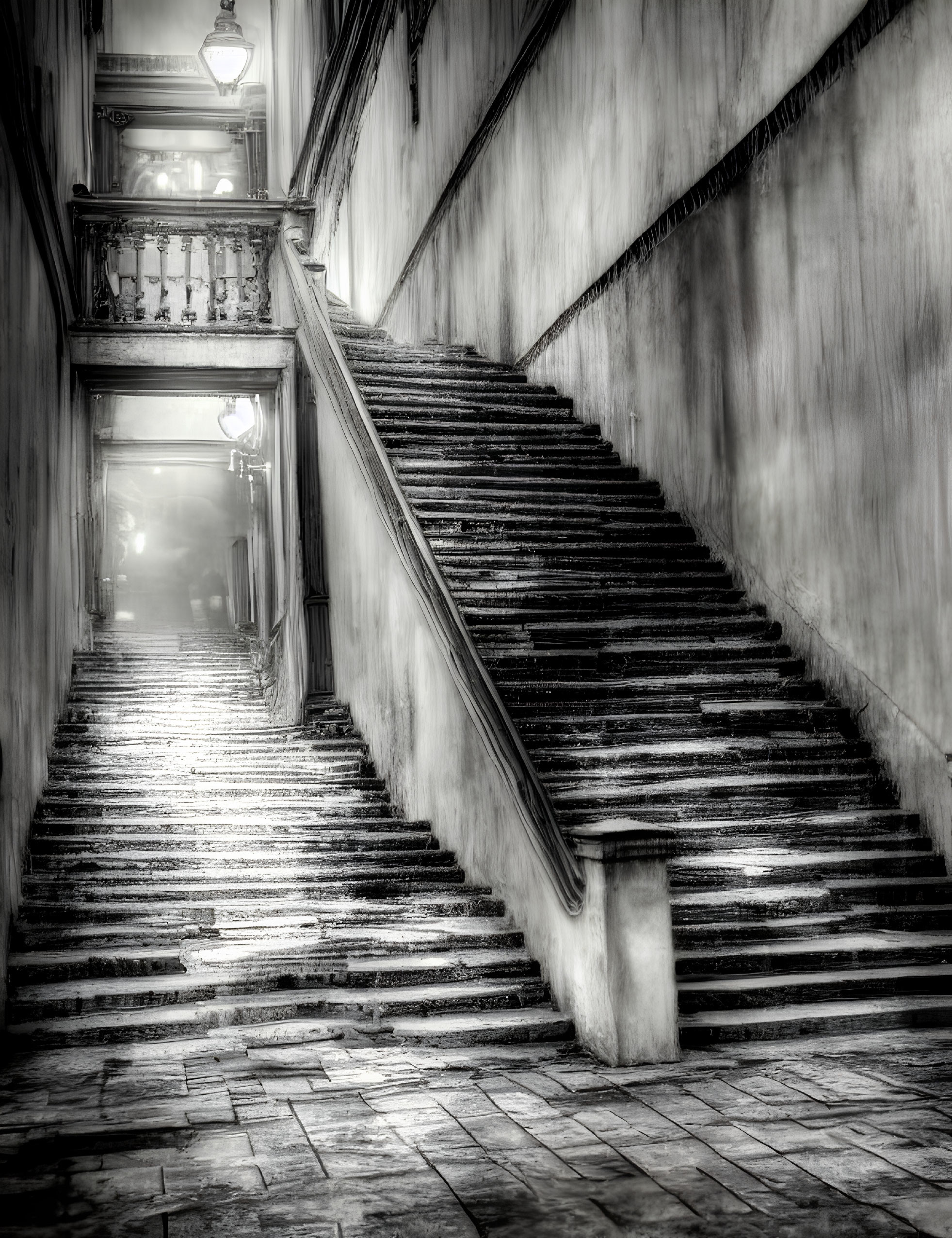 Vintage marble staircase with ornate metal railing in dimly lit corridor - eerie black and white aesthetic