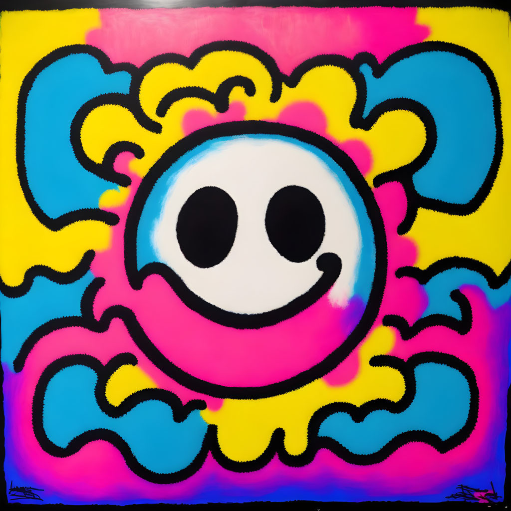 Vibrant graffiti-style painting: Smiling face, large eyes, abstract flower outline in pink,