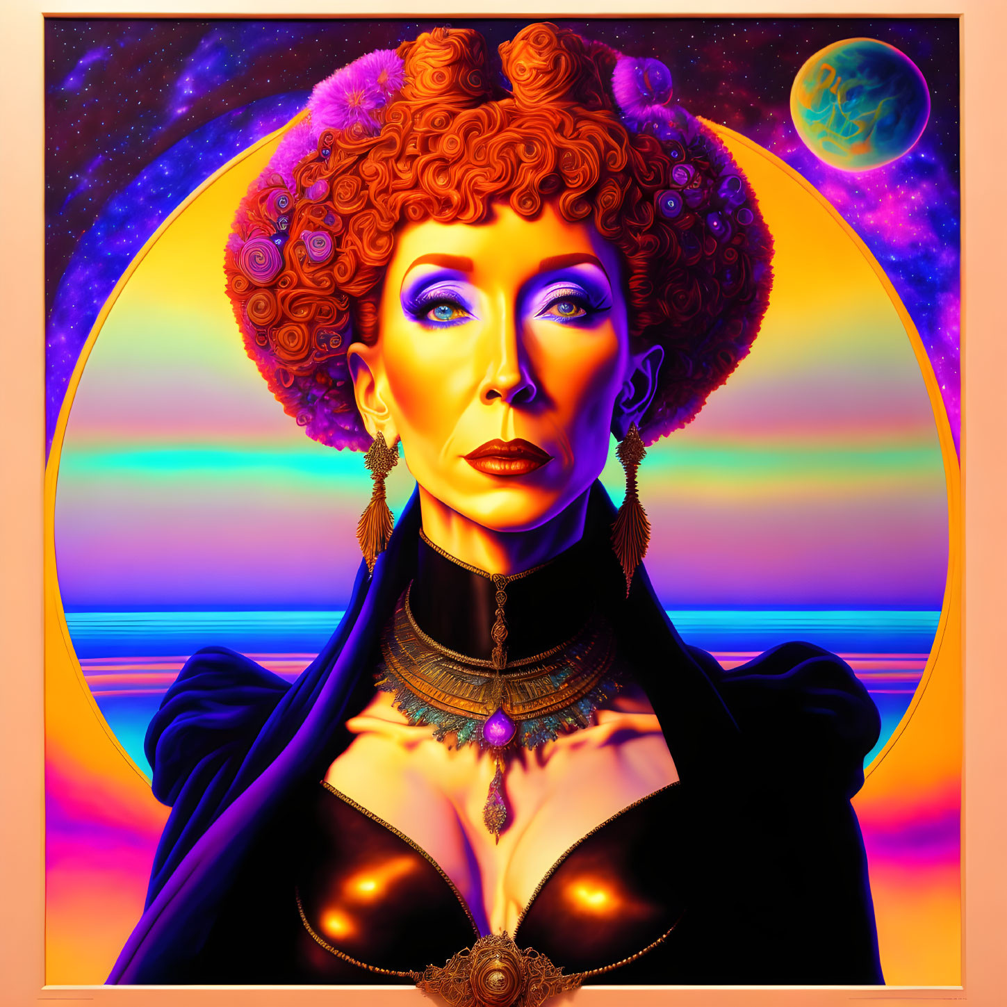 Colorful digital portrait of a woman with cosmic backdrop and ornate jewelry