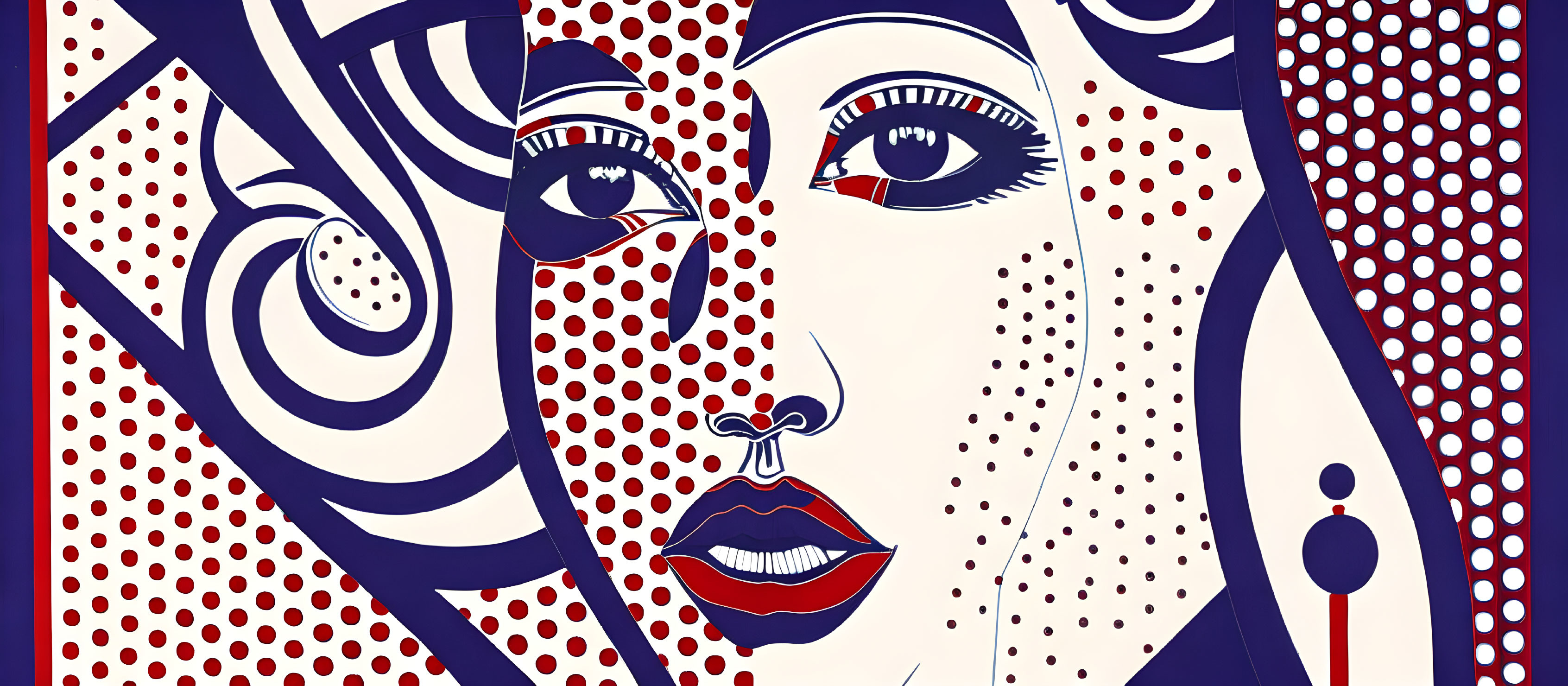 Abstract Two-Toned Art of Woman's Face with Dotted Patterns and Bold Lines