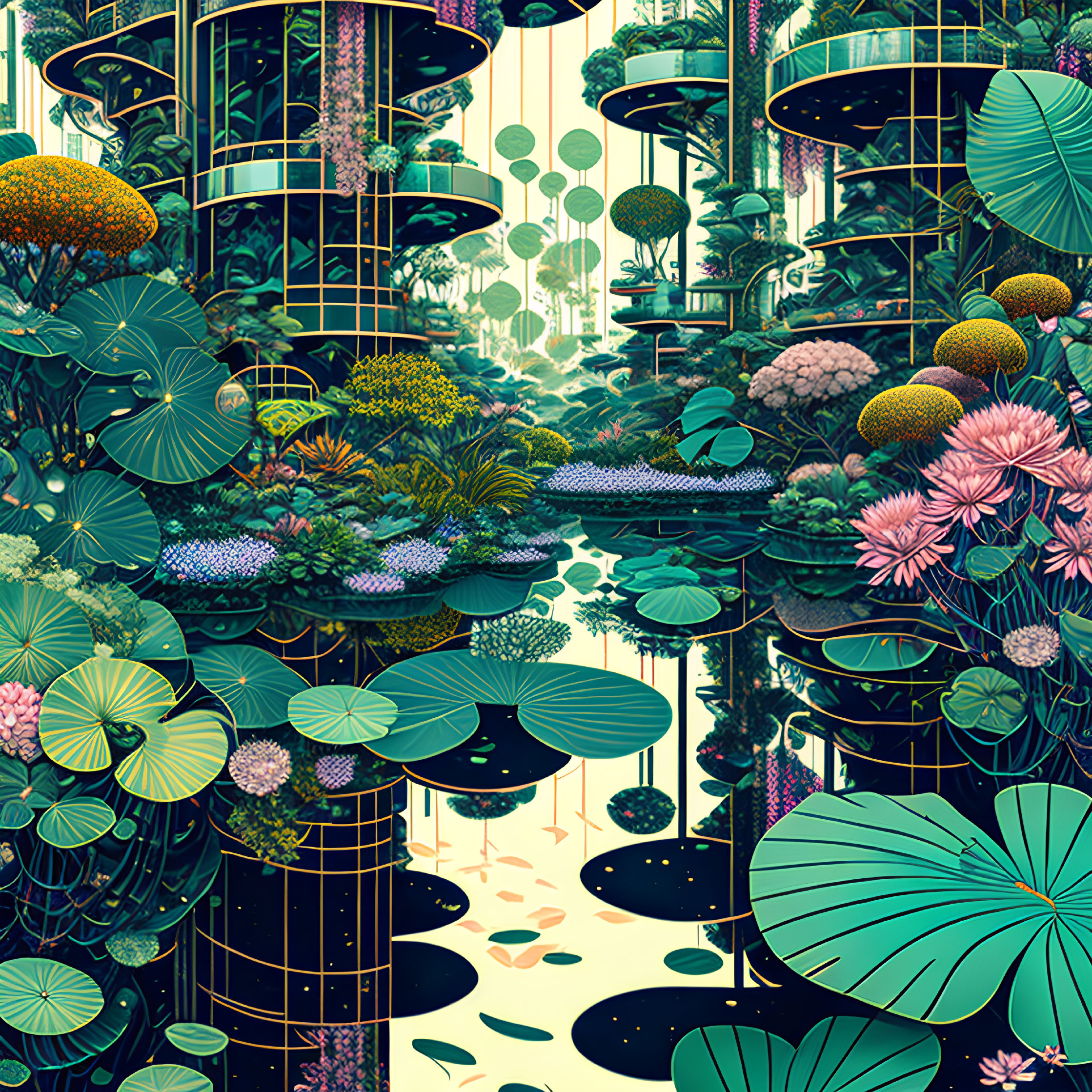 Detailed futuristic botanical garden illustration with lush flora and reflective water.