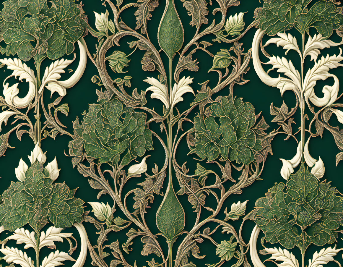 Intricate Green and Cream Floral Pattern on Dark Green Background