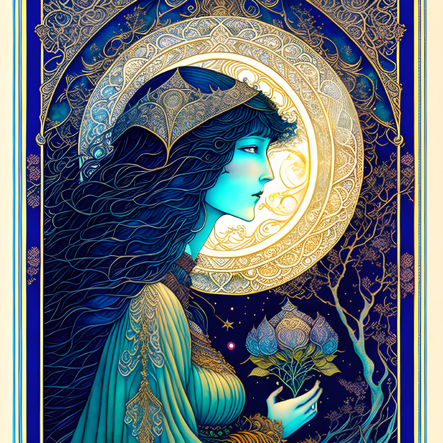 Art Nouveau style woman with flowing hair and celestial motif illustration.