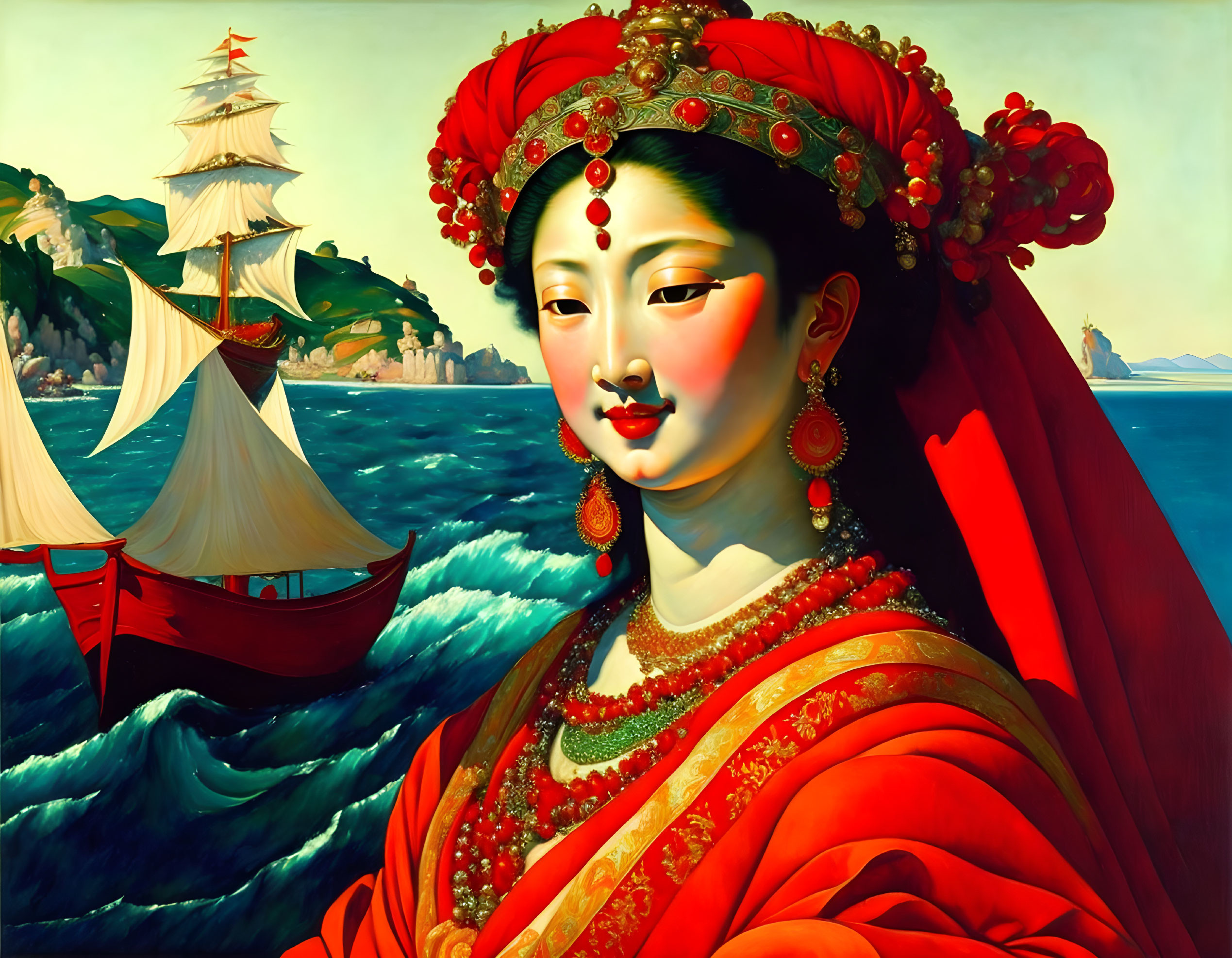 Traditional attire woman painting with sailing ship and sea