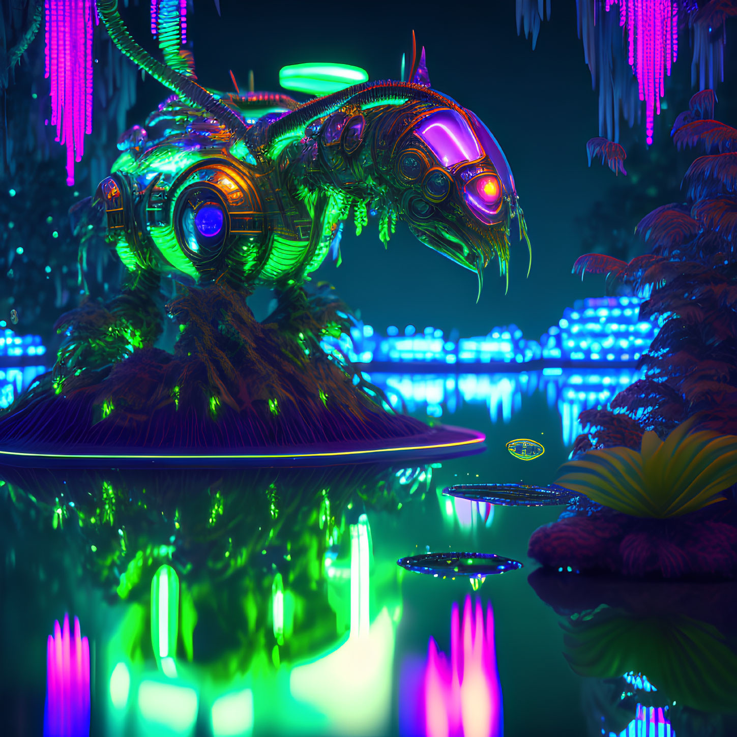 Futuristic neon dragon on island with vibrant vegetation and city lights