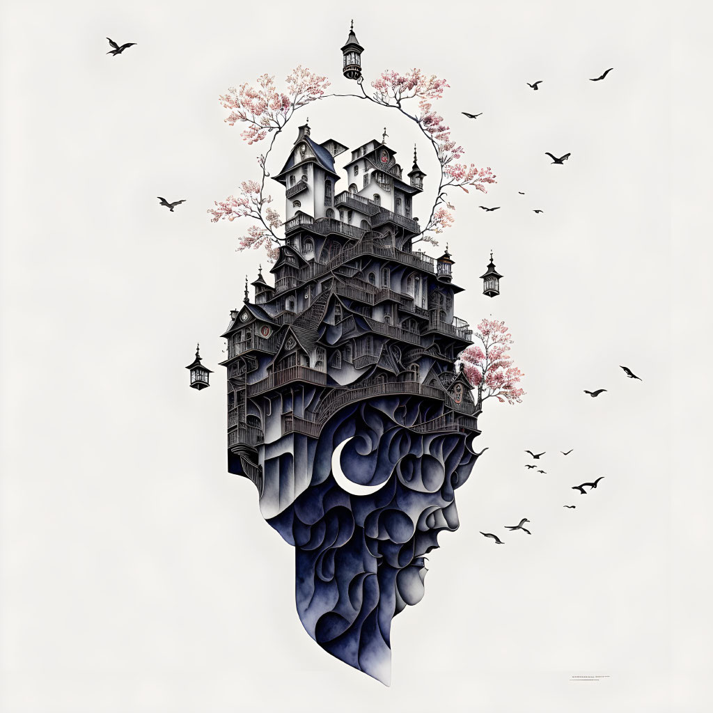 Detailed human silhouette with Victorian building and cherry blossoms, birds flying around