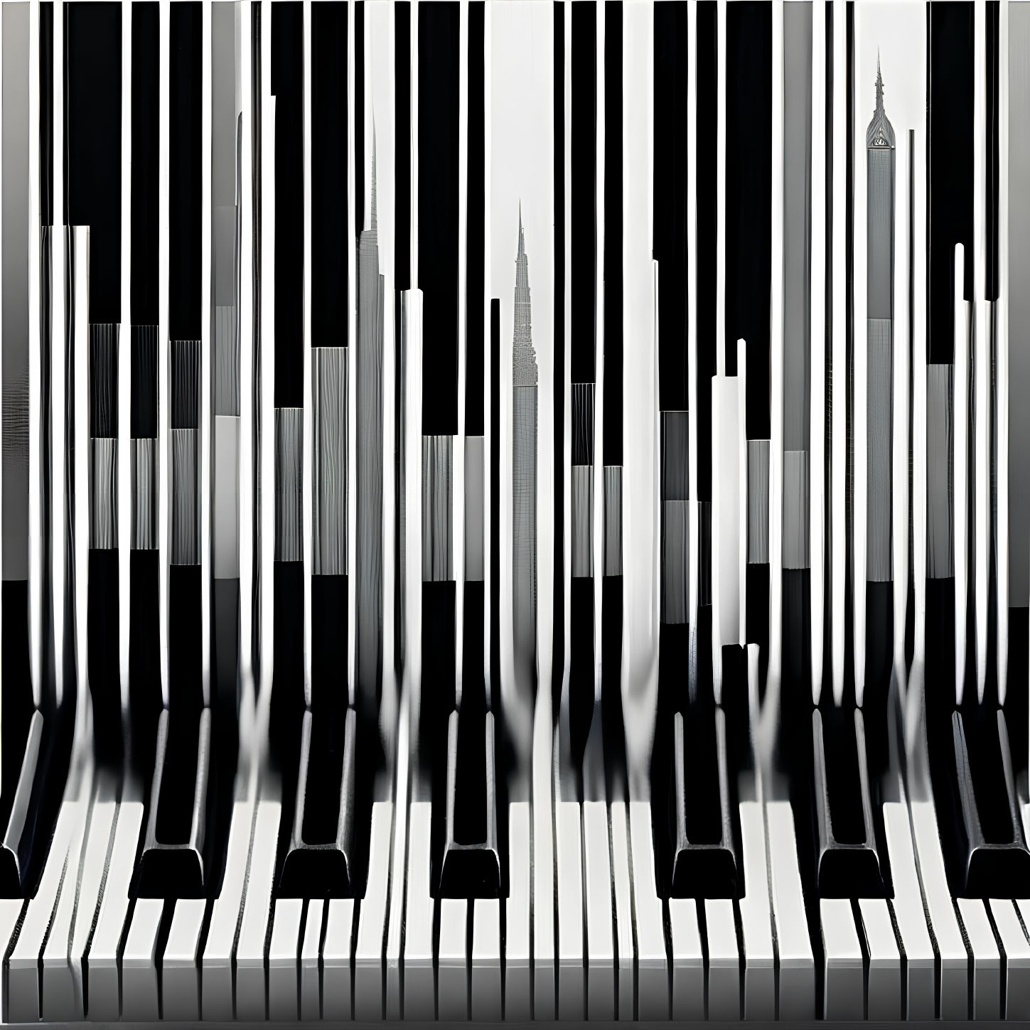 Monochrome city skyline merged with piano keys in artwork