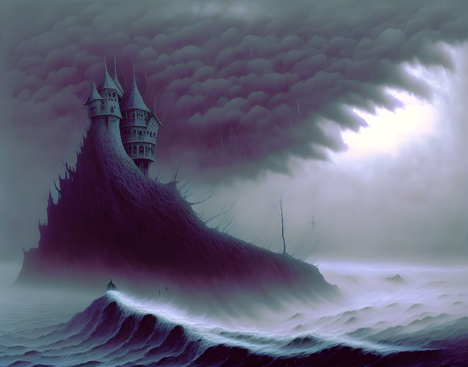 Dark castle on steep hill in fantasy landscape with stormy sky and turbulent waves