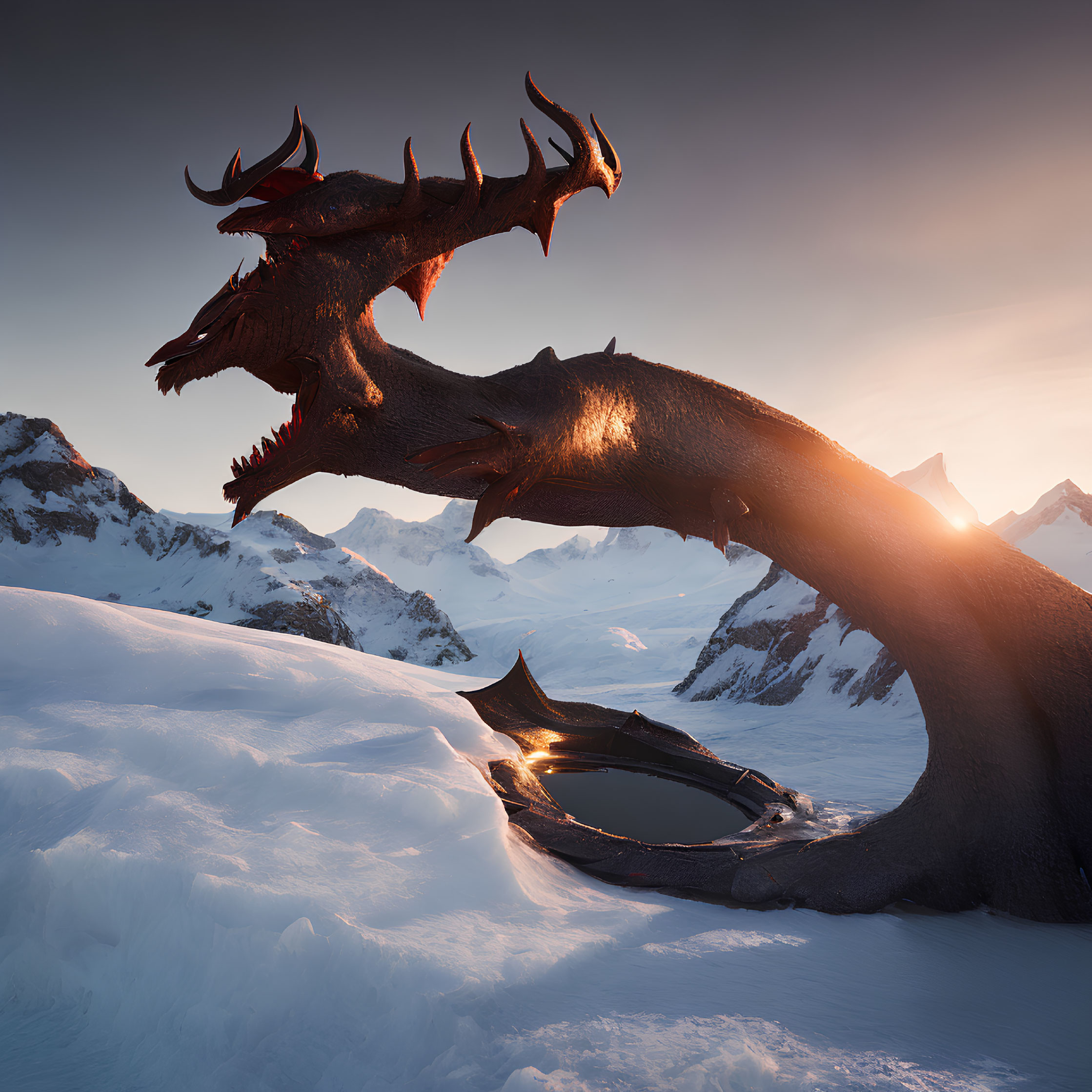 Multi-headed dragon in snowy mountain landscape at sunset