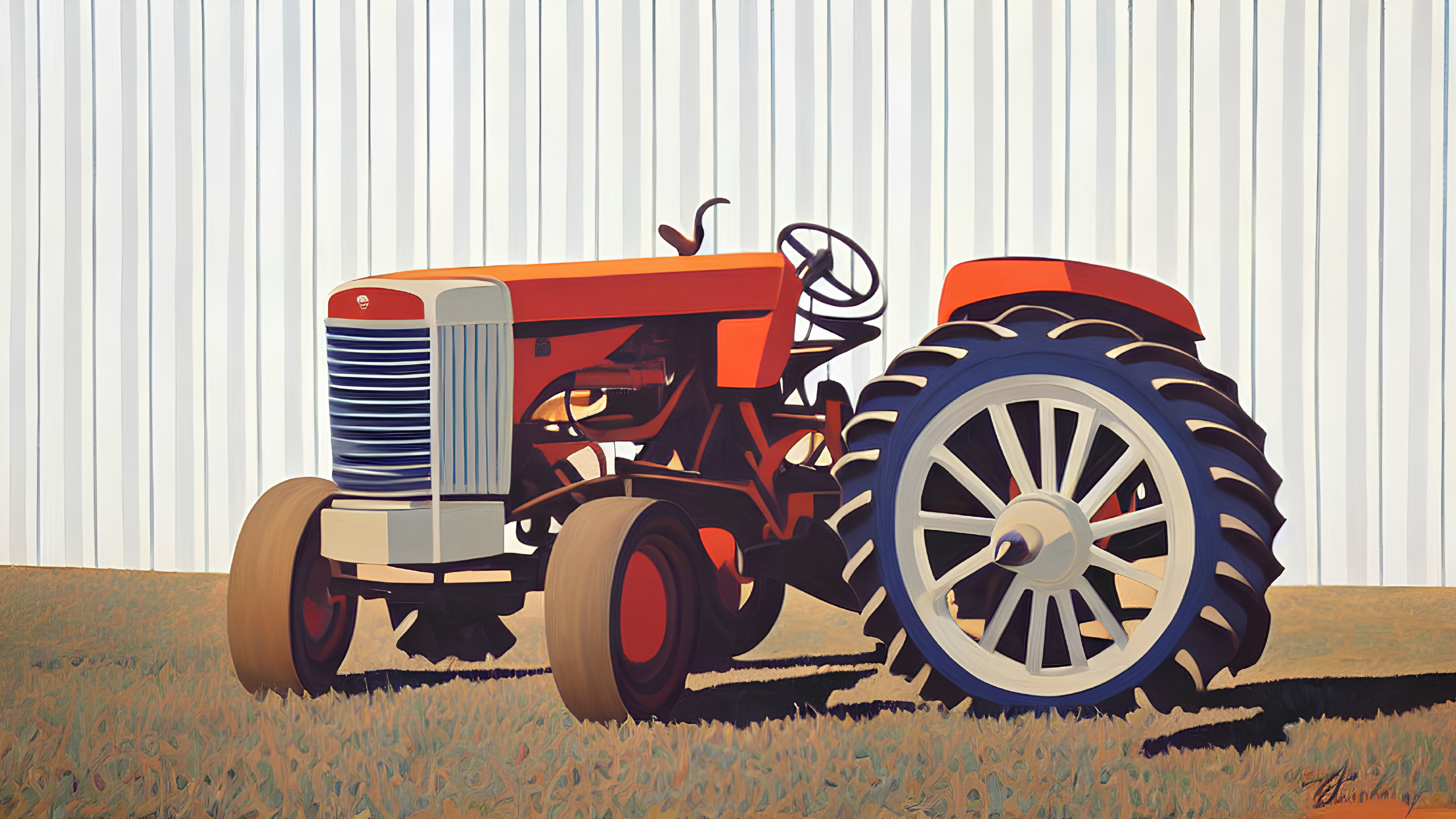 Vintage Red Tractor on Farm with Corrugated Metal Background