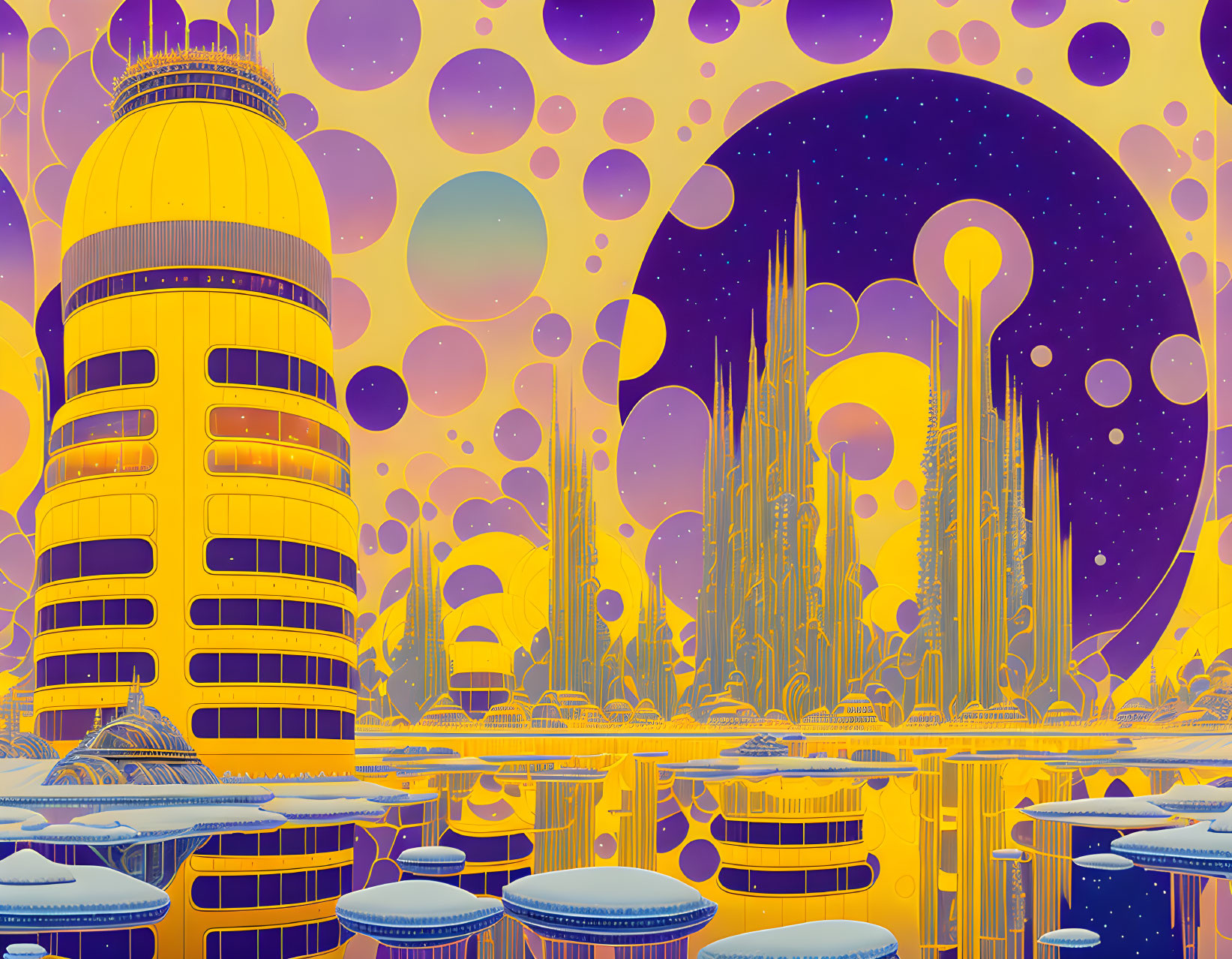 Futuristic cityscape under purple sky with moons and stars