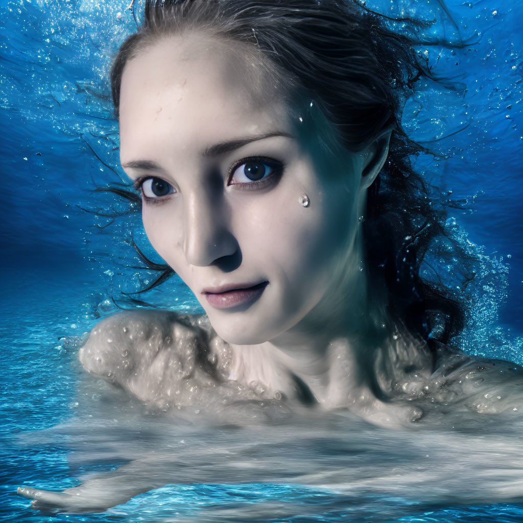 Calm person submerged in water with bubbles and floating hair