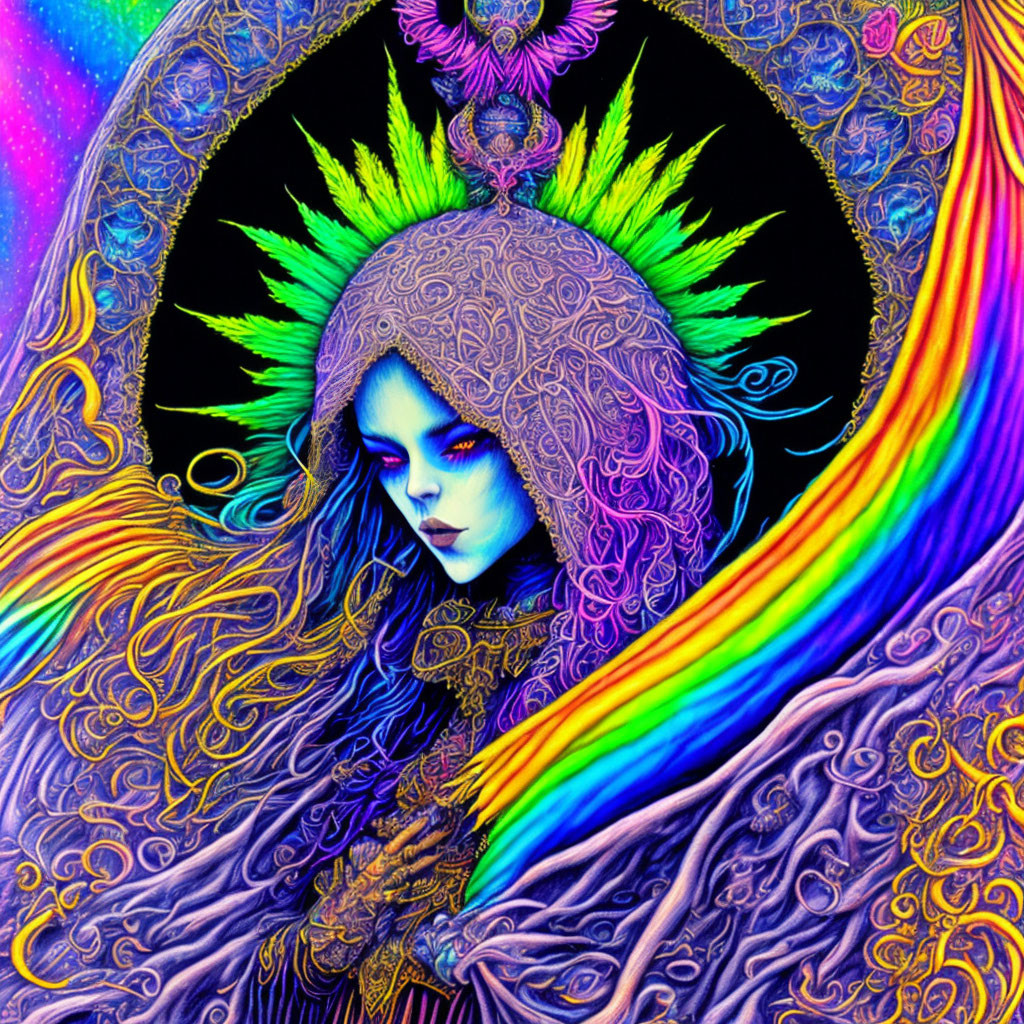 Colorful psychedelic art: Female figure with neon rainbow patterns.