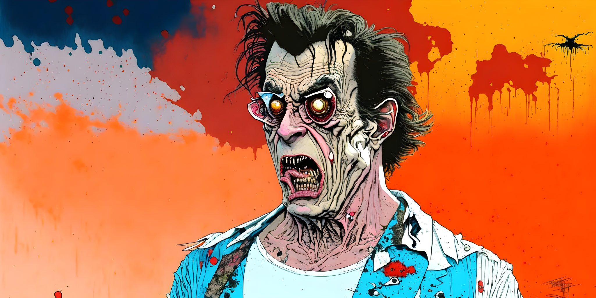 Zombie with red eyes and blood stains on orange-red abstract background