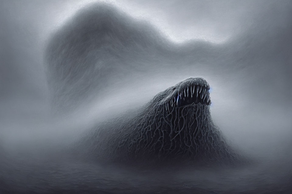 Shadowy monstrous figure with sharp teeth in surreal image