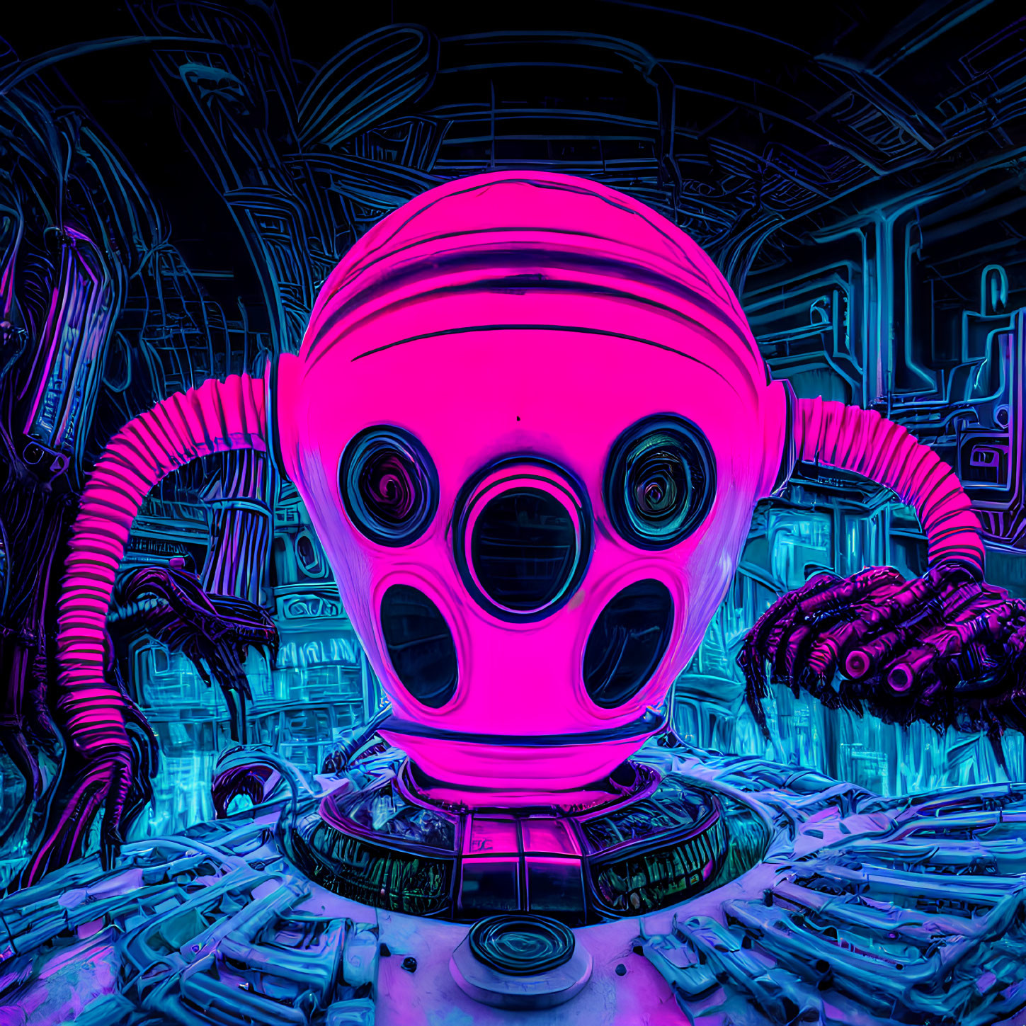 Futuristic robot with spherical head and circuitry background in neon pink and blue