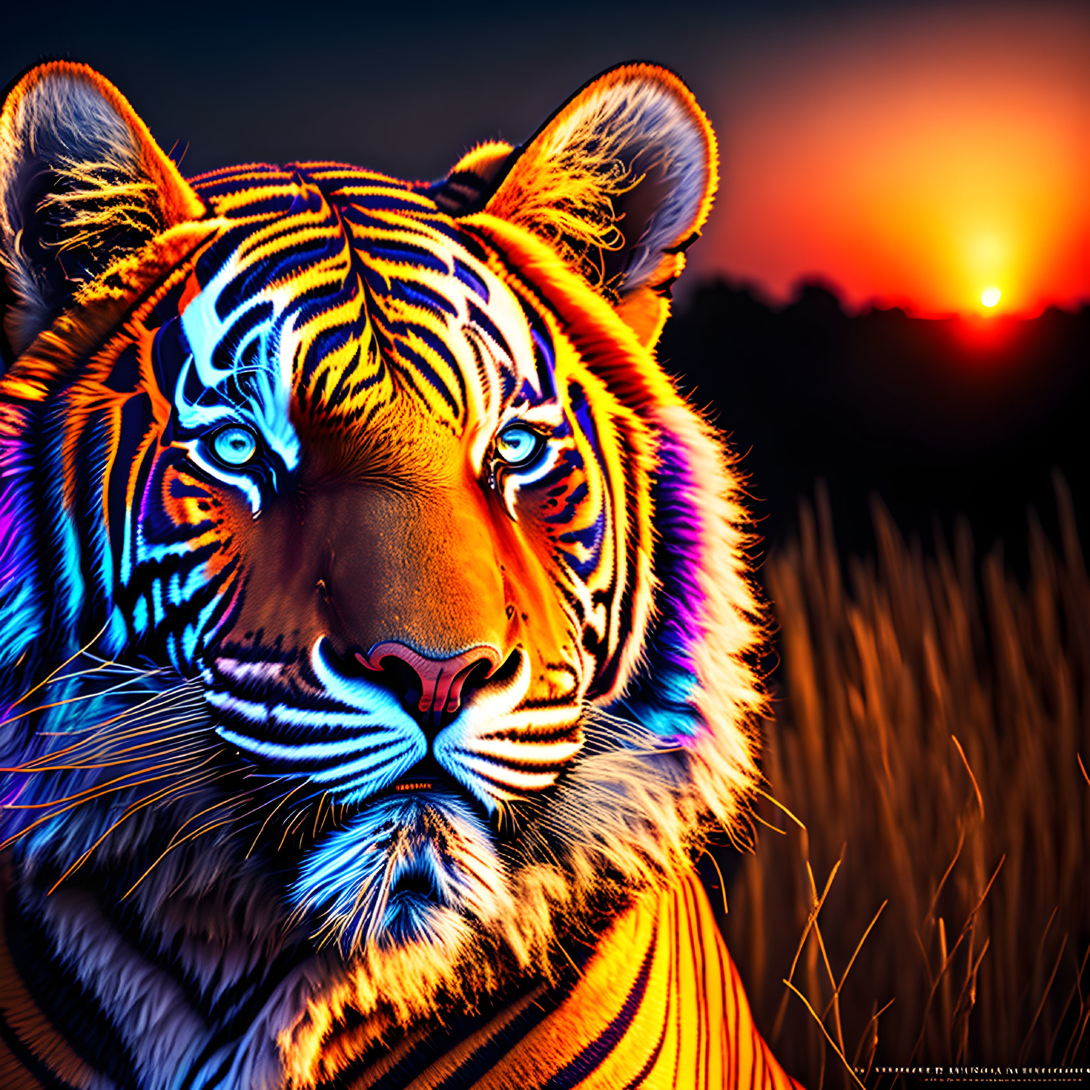 Vivid digital artwork: Tiger with neon stripes in fiery sunset grassy field