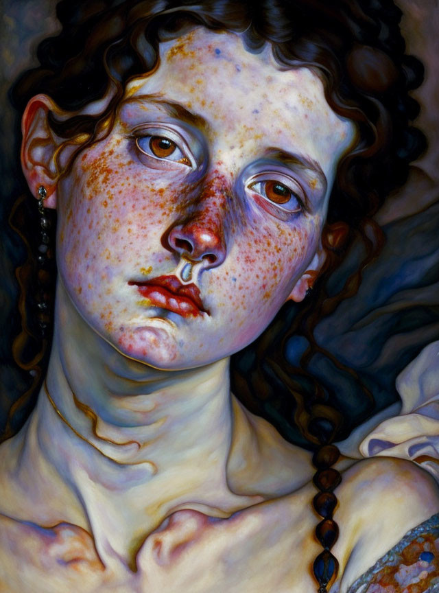 Portrait of a Woman with Freckles and Braided Hair in Blue Shadows