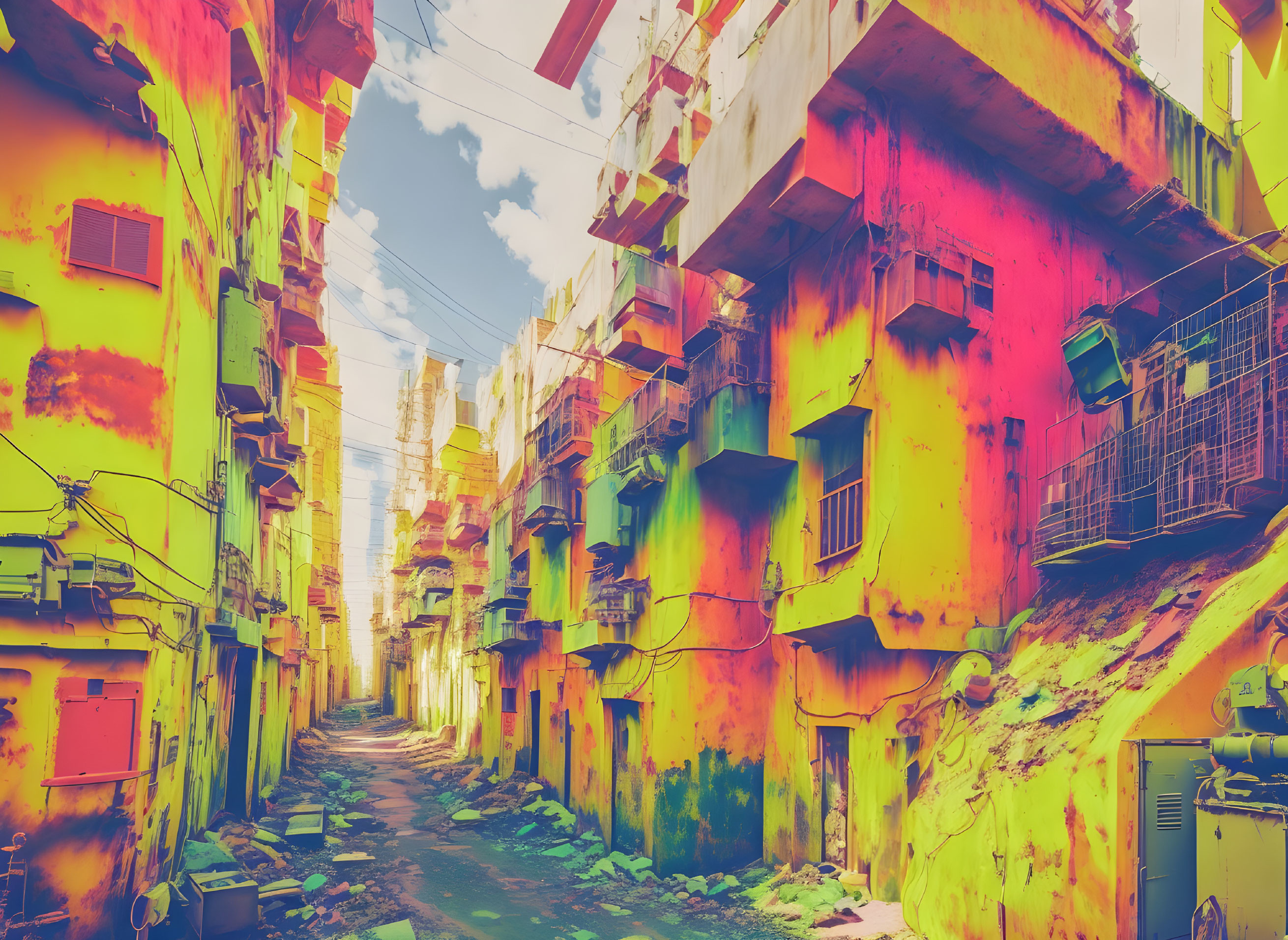 Colorful Alley with Yellow and Red Buildings under Clear Sky