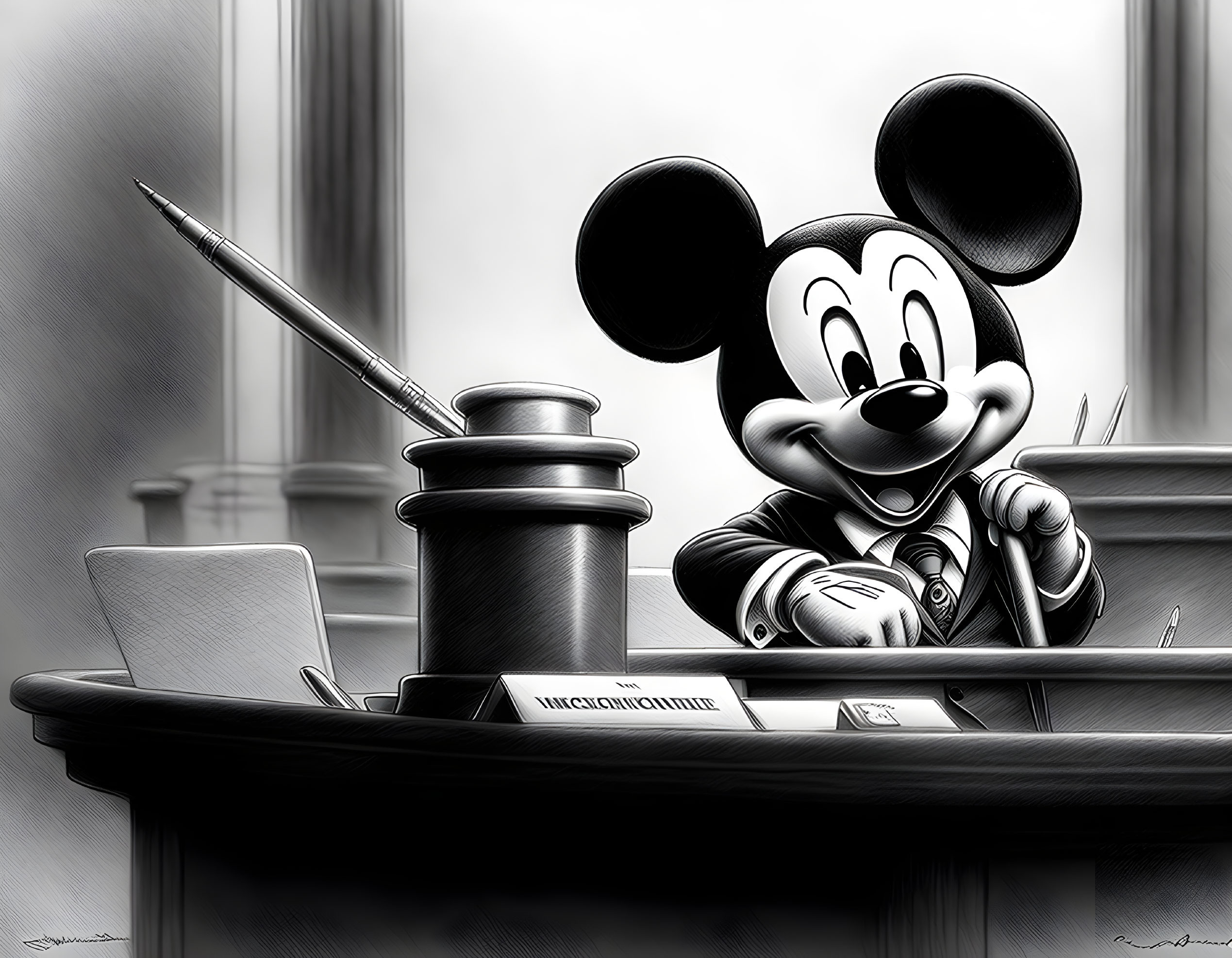 Monochrome Mickey Mouse artwork as a judge in courtroom setting