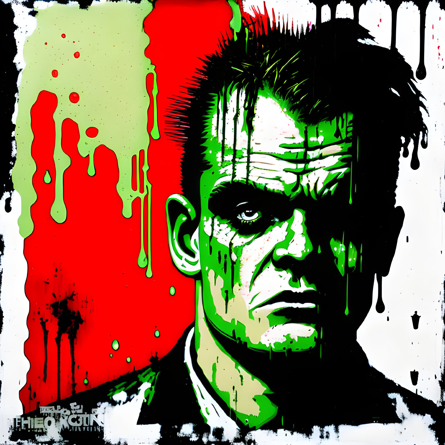 Male figure with green skin in serious expression on red and green splatter backdrop