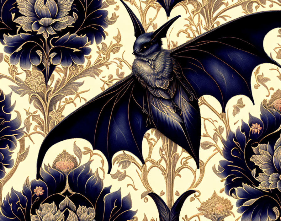 Detailed bat illustration with floral patterns in blue and gold.