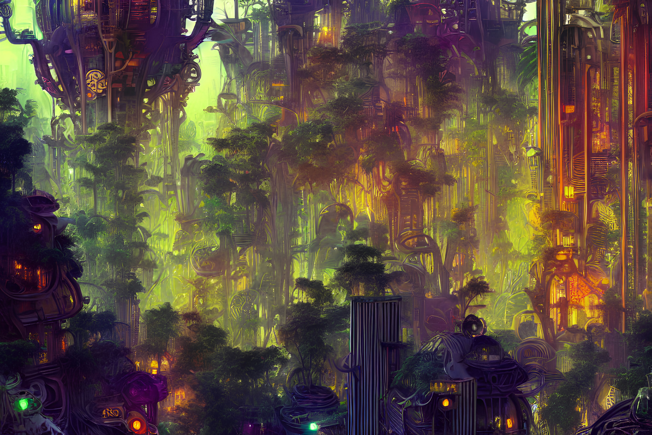 Futuristic cityscape blended with lush forest in golden and green hues