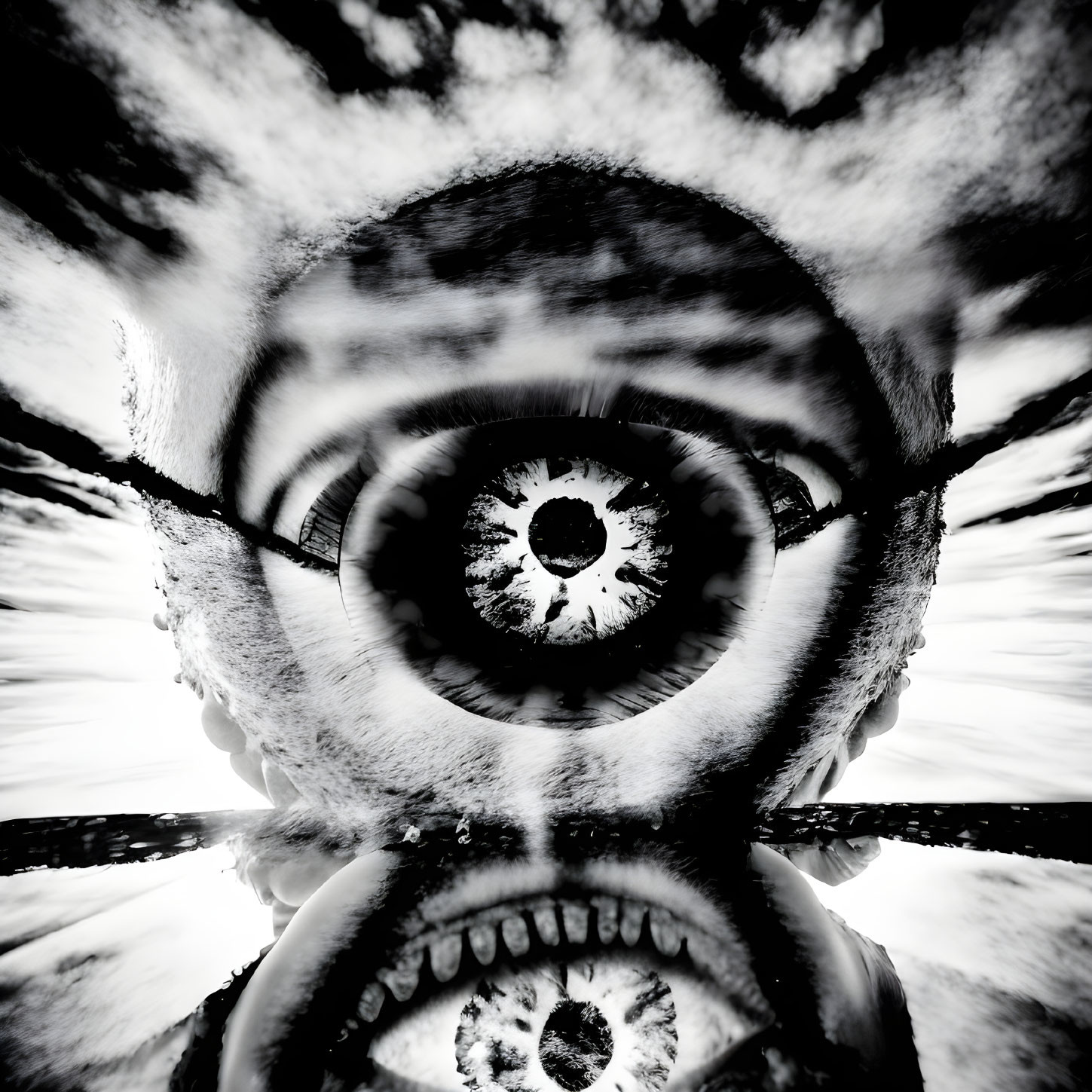 Monochrome surreal portrait with multiple eyes on face against cloudy sky