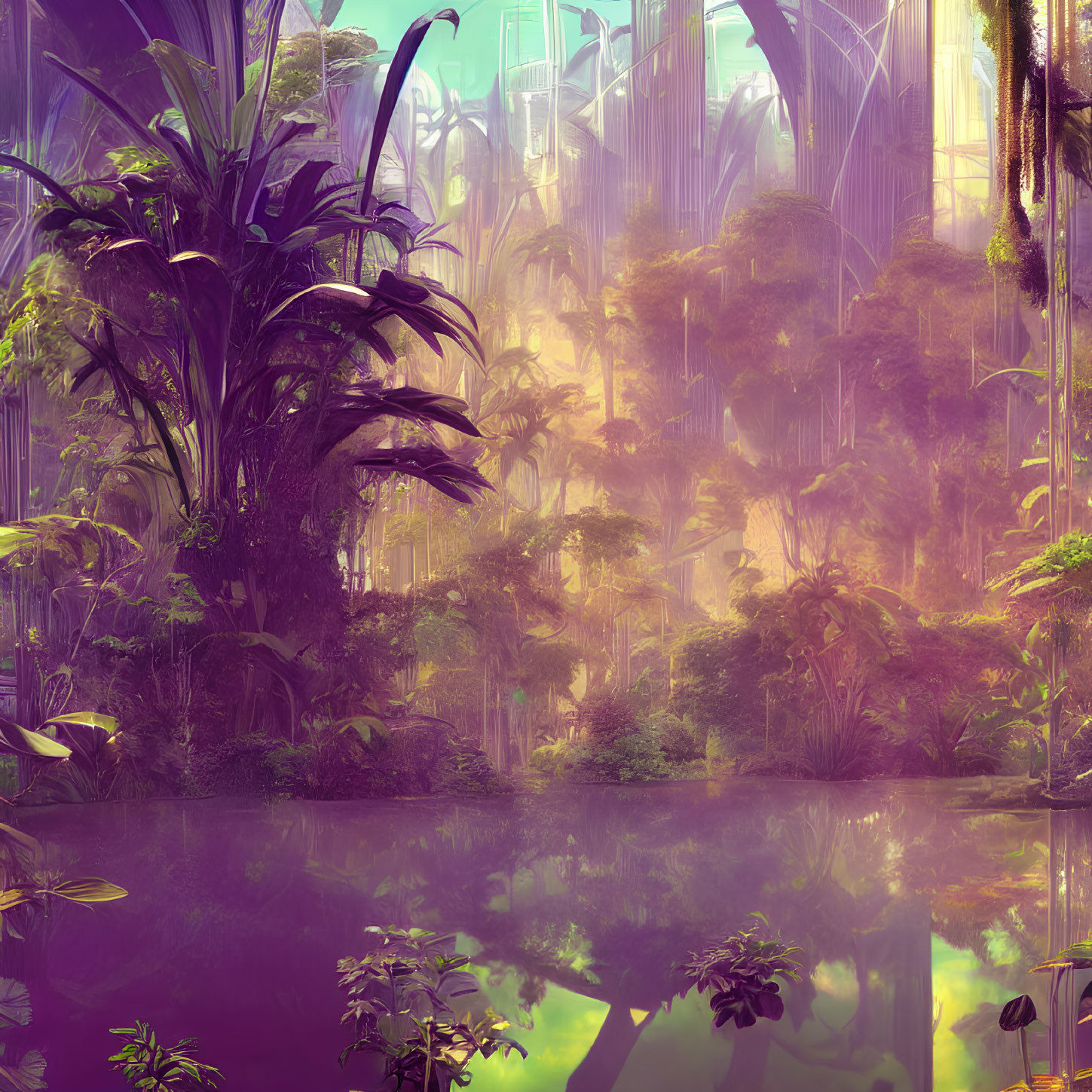 Futuristic sci-fi jungle with lush foliage and towering trees