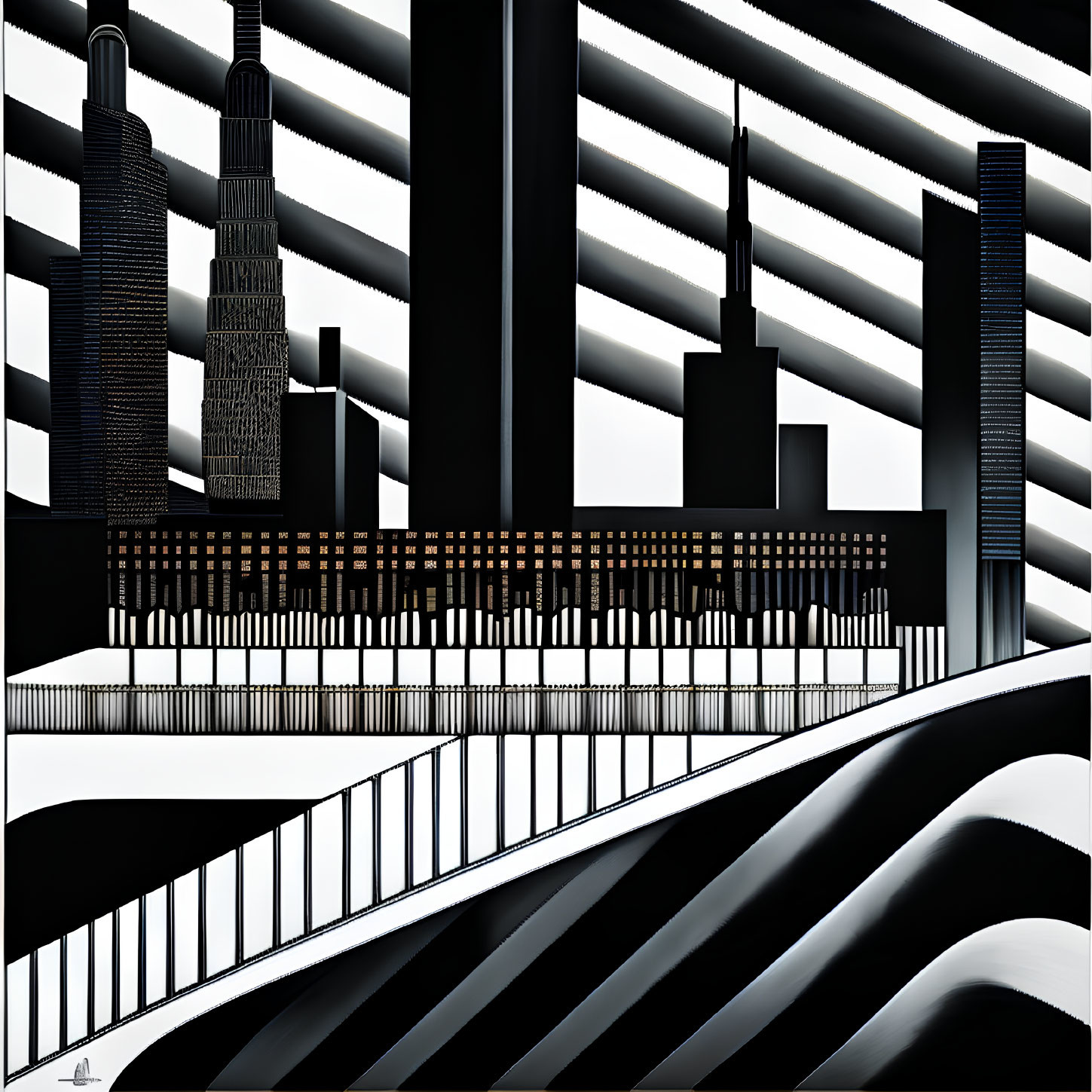 Monochromatic Abstract Cityscape with Stylized Skyscrapers