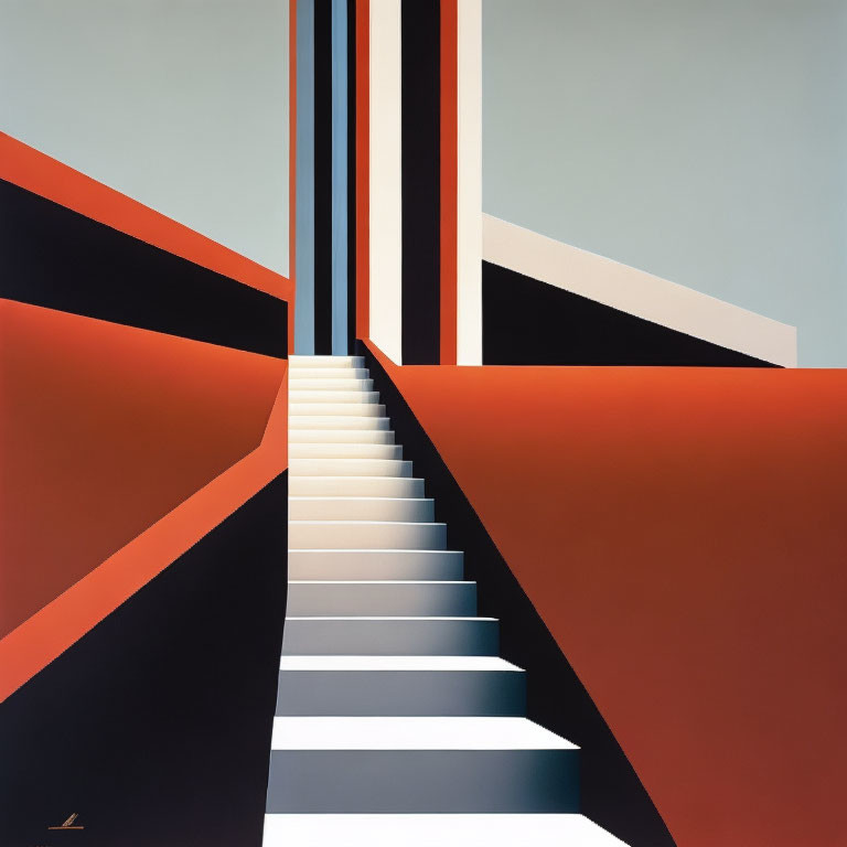 Symmetrical staircase painting in black, white, and orange hues