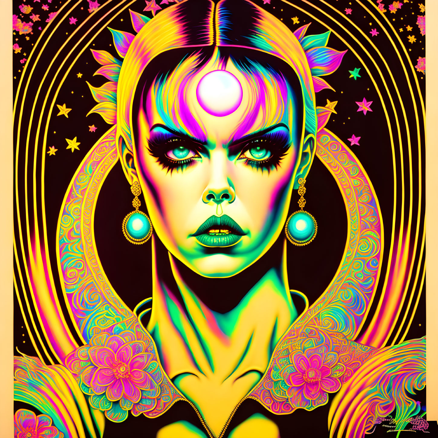 Colorful portrait of a woman with third eye, neon colors, stars, and floral patterns