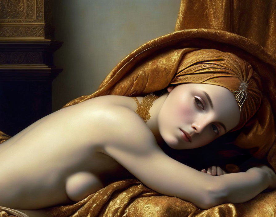 Serene reclining woman in golden fabric with headpiece and earrings