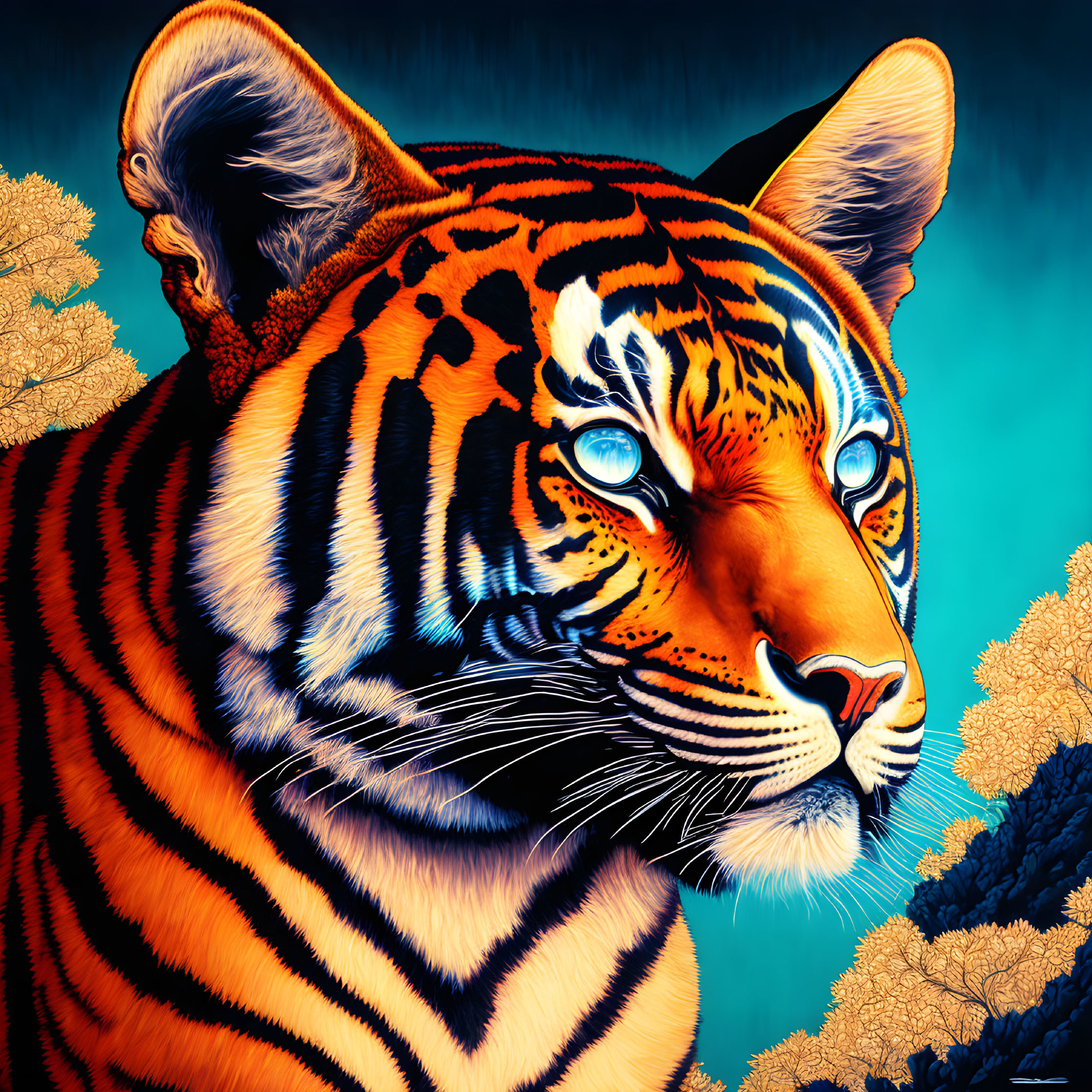 Colorful Tiger Face Illustration with Blue Eyes and Golden Foliage