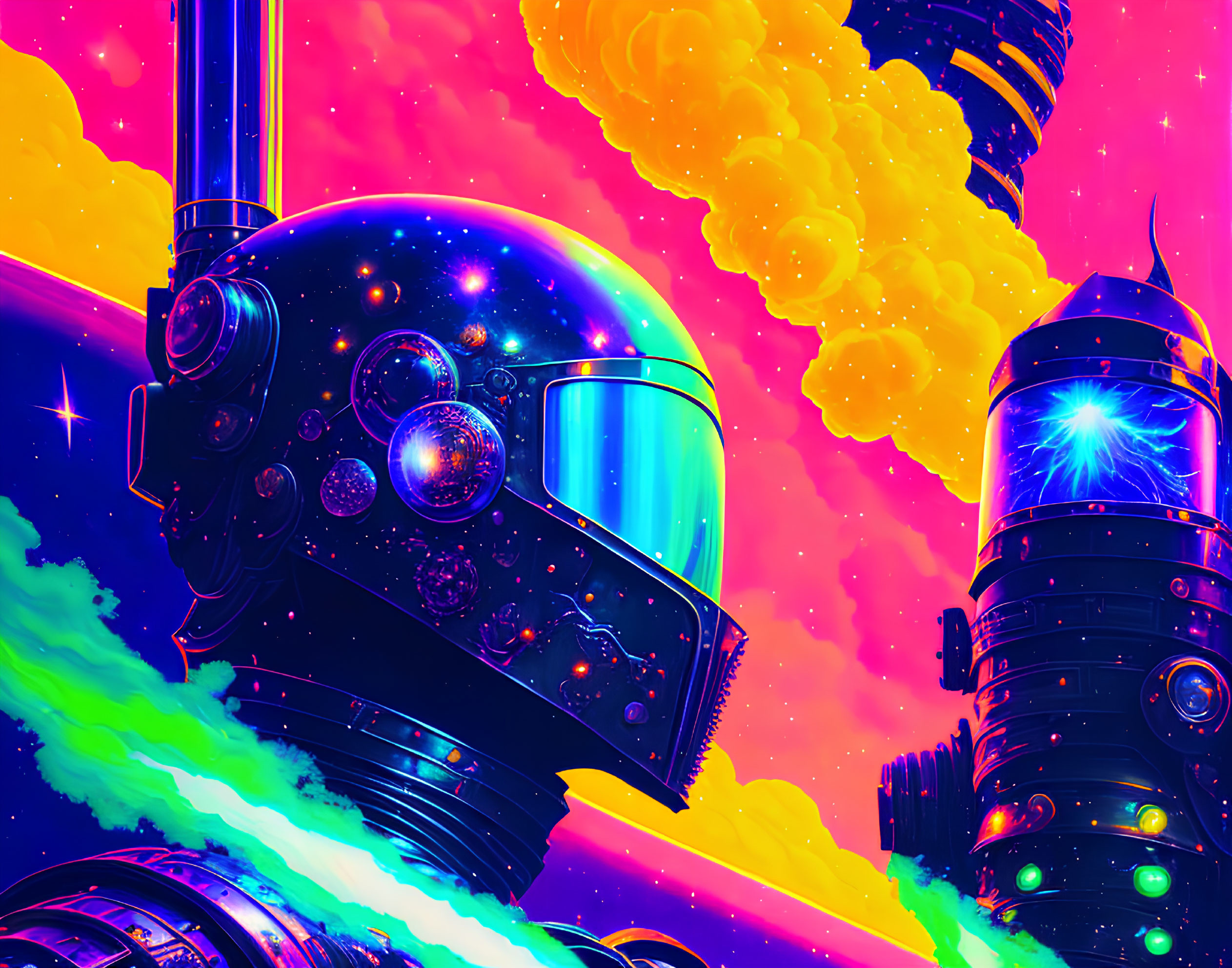 Colorful Psychedelic Robot Head Illustration with Star-Filled Face and Neon Background