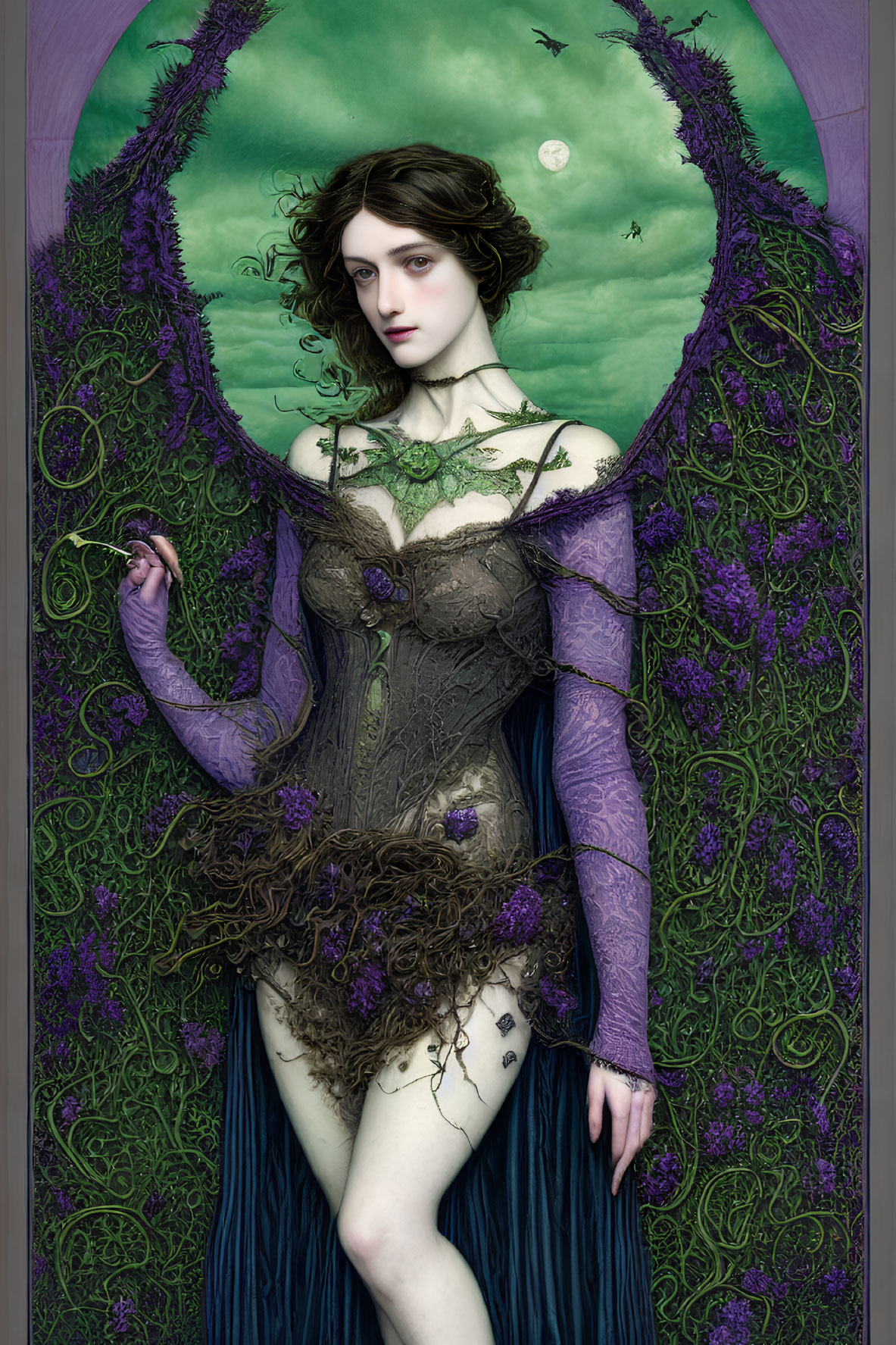 Gothic fantasy art of woman in green and purple corset under moonlight