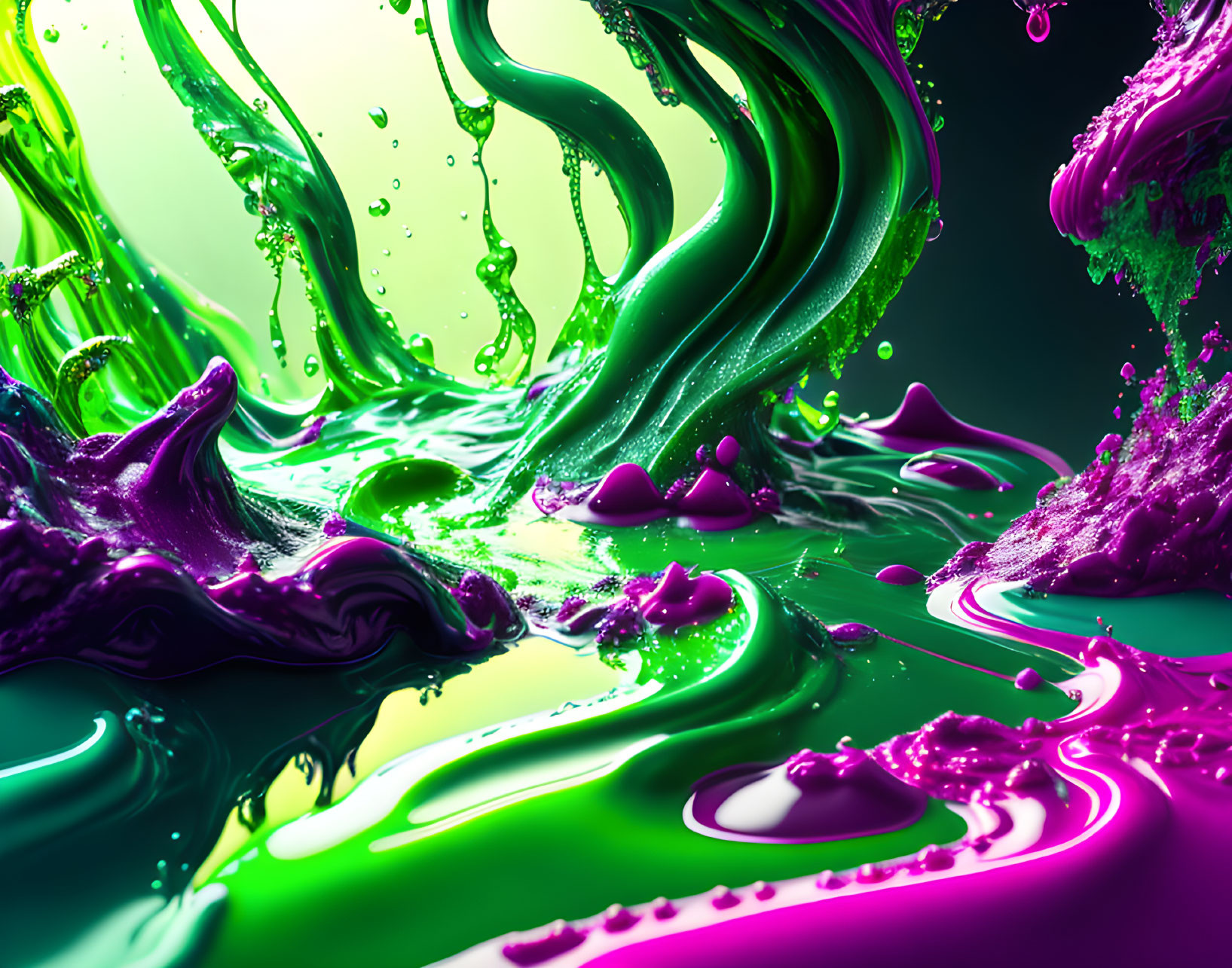 Colorful liquid splashing with dynamic swirls on reflective surface