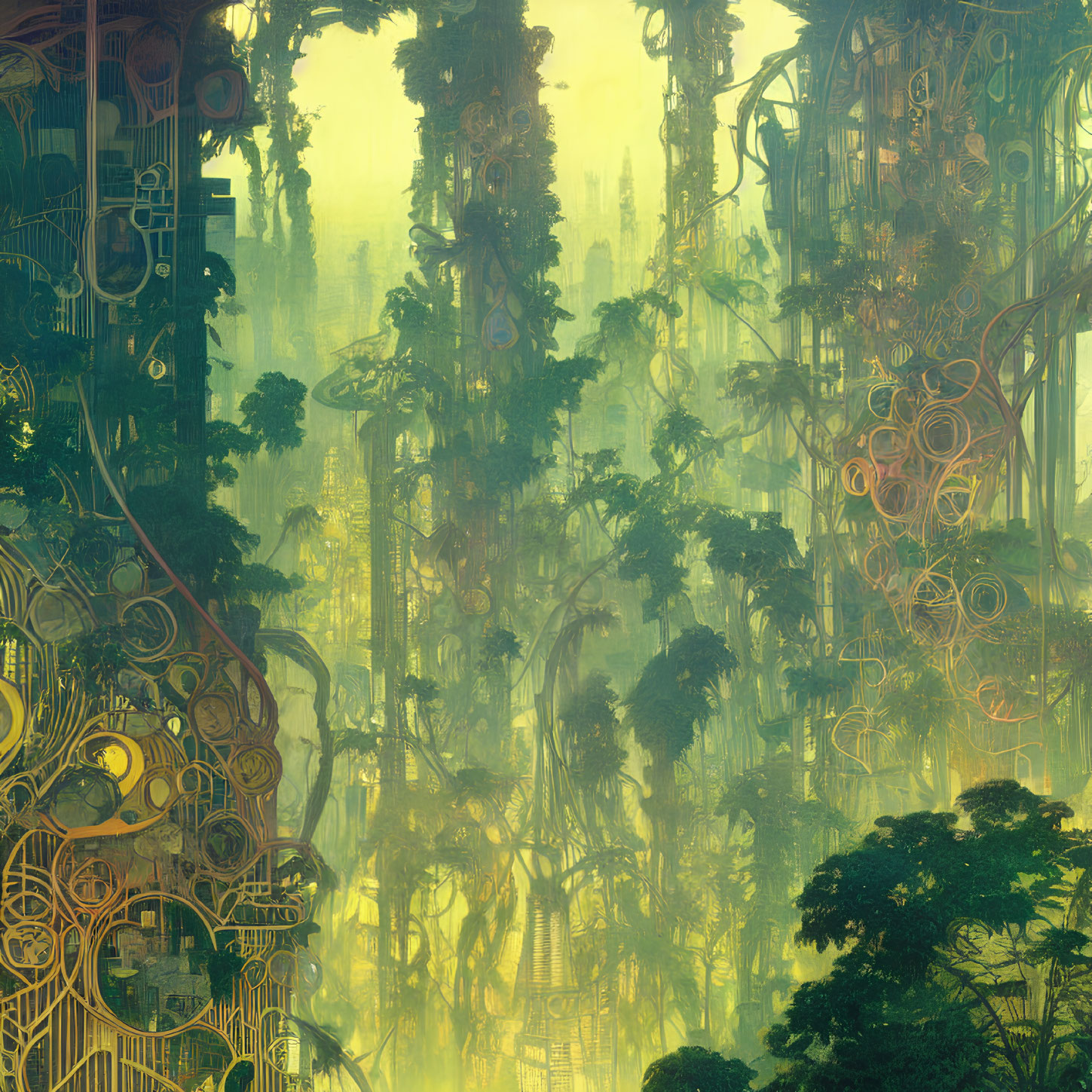Fantastical forest with organic and mechanical blend in misty atmosphere