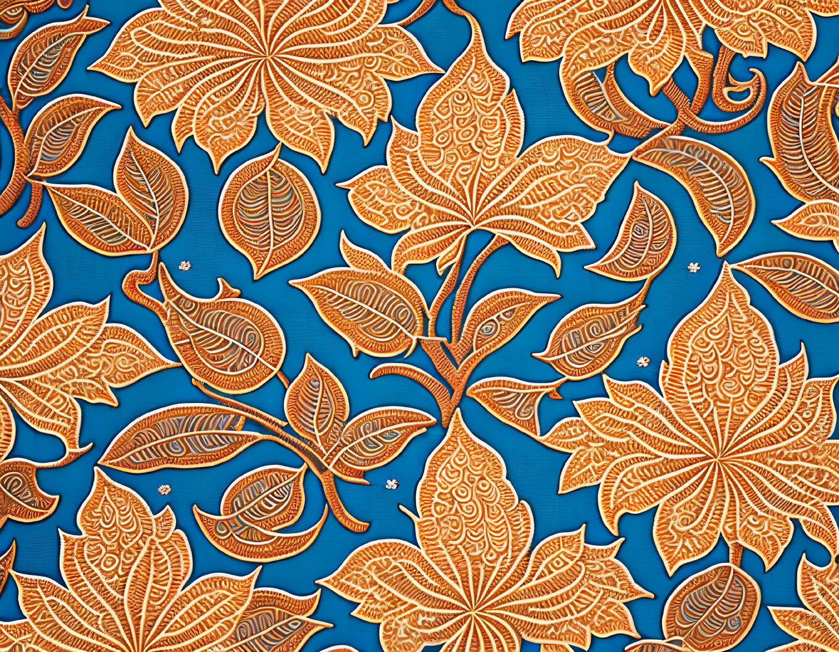 Detailed Batik Pattern: Orange Leaves & Floral Designs on Blue Background