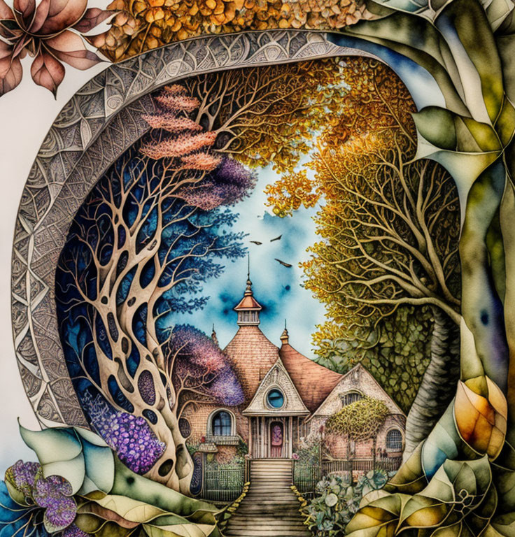 Circular Frame Surrounds Quaint Cottage, Trees, and Birds