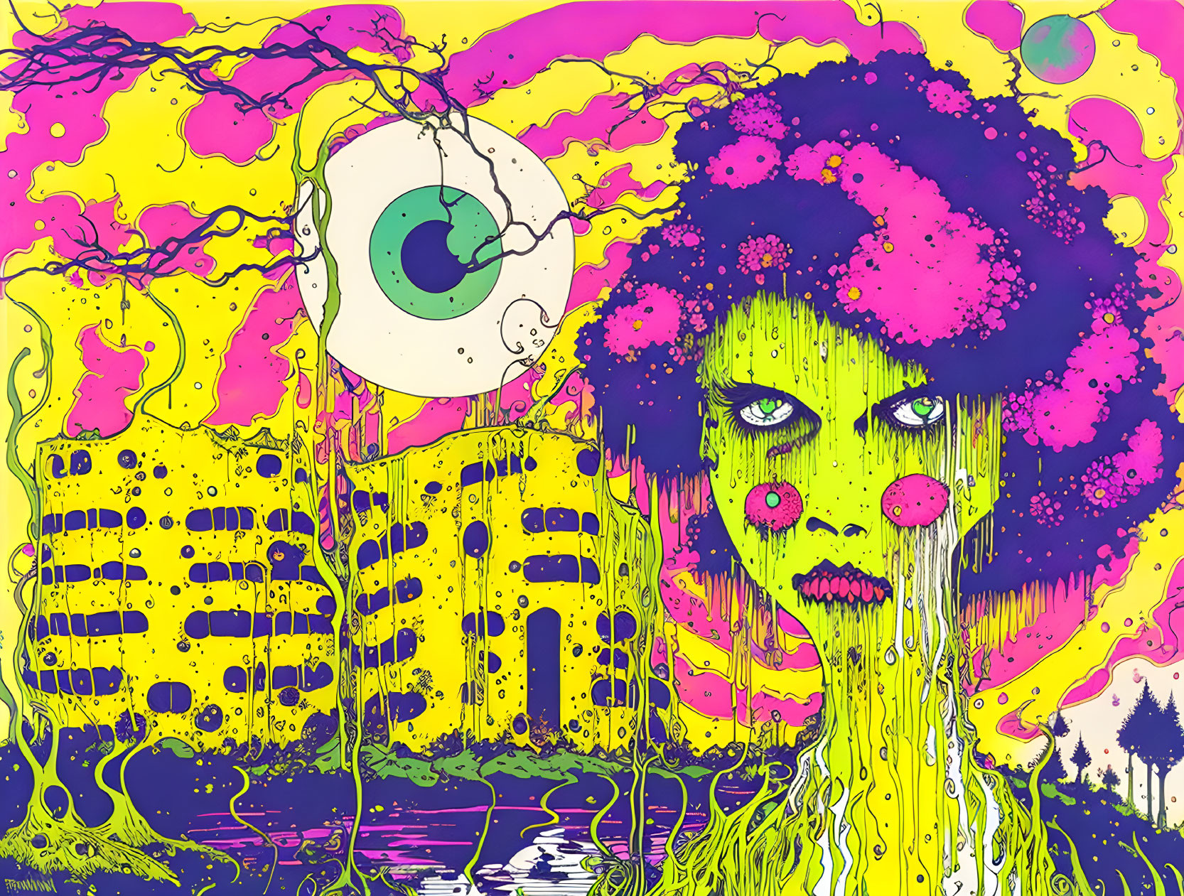 Colorful Psychedelic Illustration: Green-Skinned Female Figure with Magenta Hair, Eye